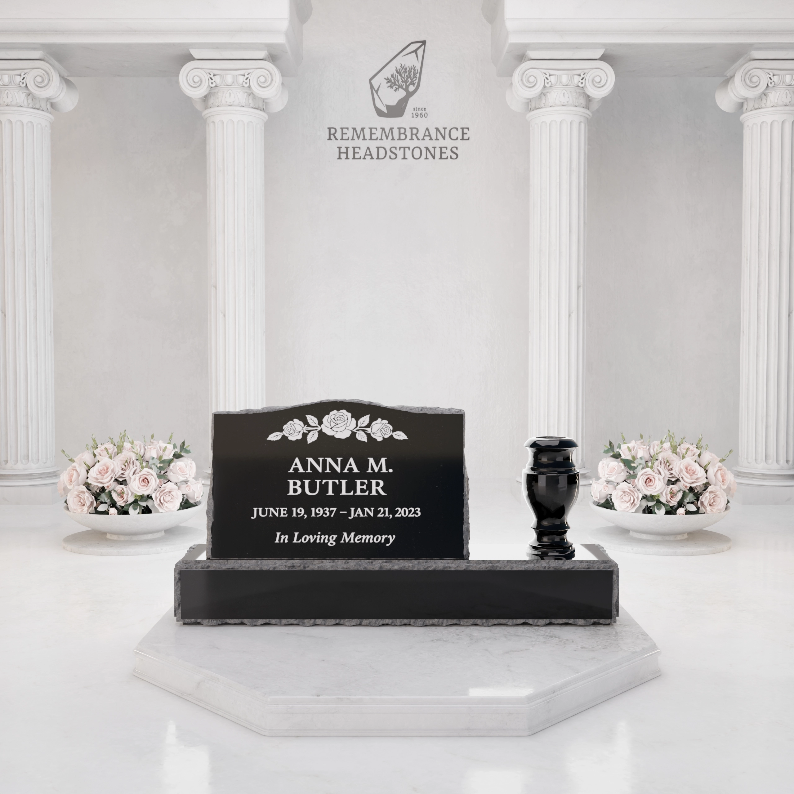 Premium Slant Granite Headstone with Hummingbird & Lily Panel & Vase