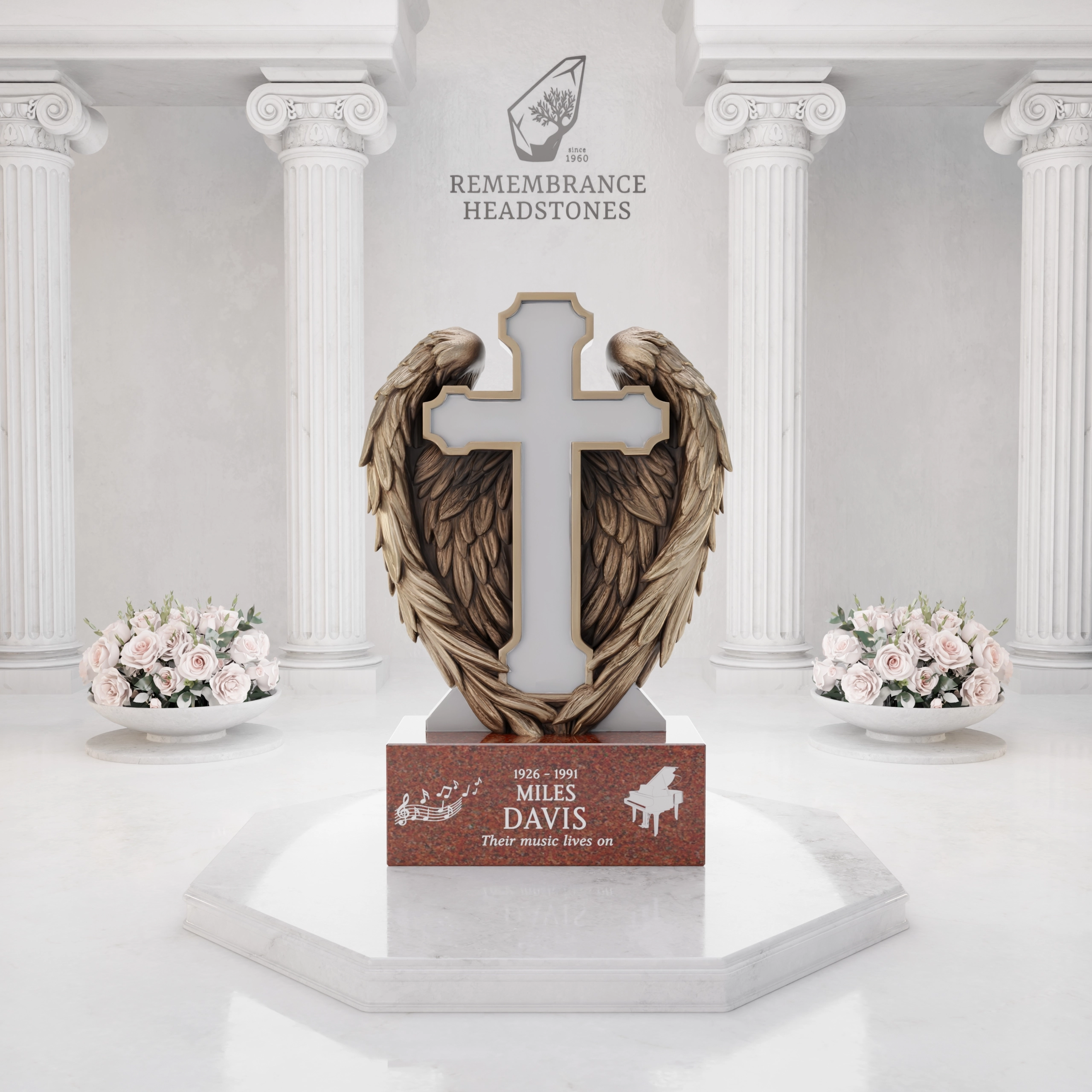 Luxury Cross with Guardian Angel Wings Granite Headstone