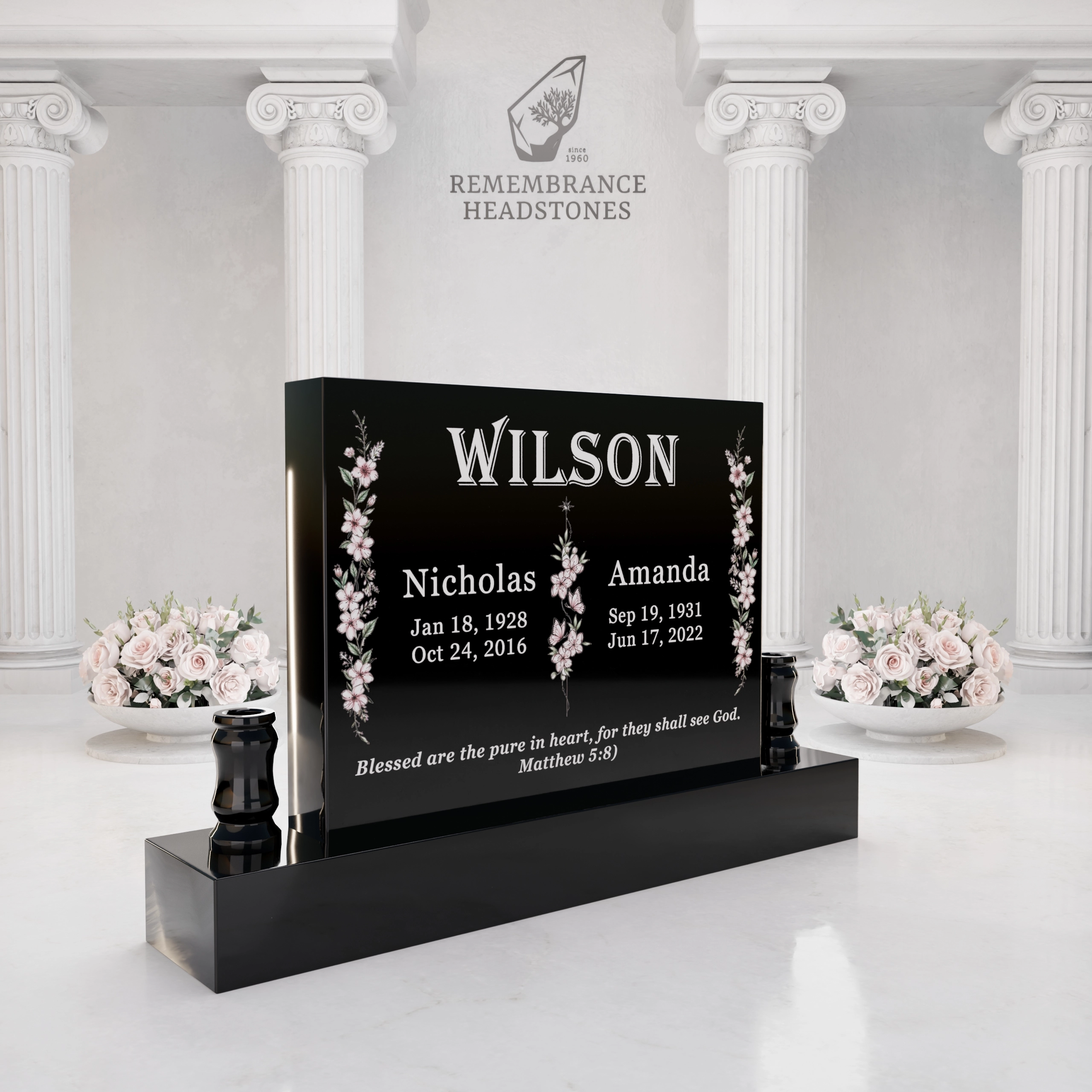 Premium Companion Granite Memorial with Floral Tribute view 2