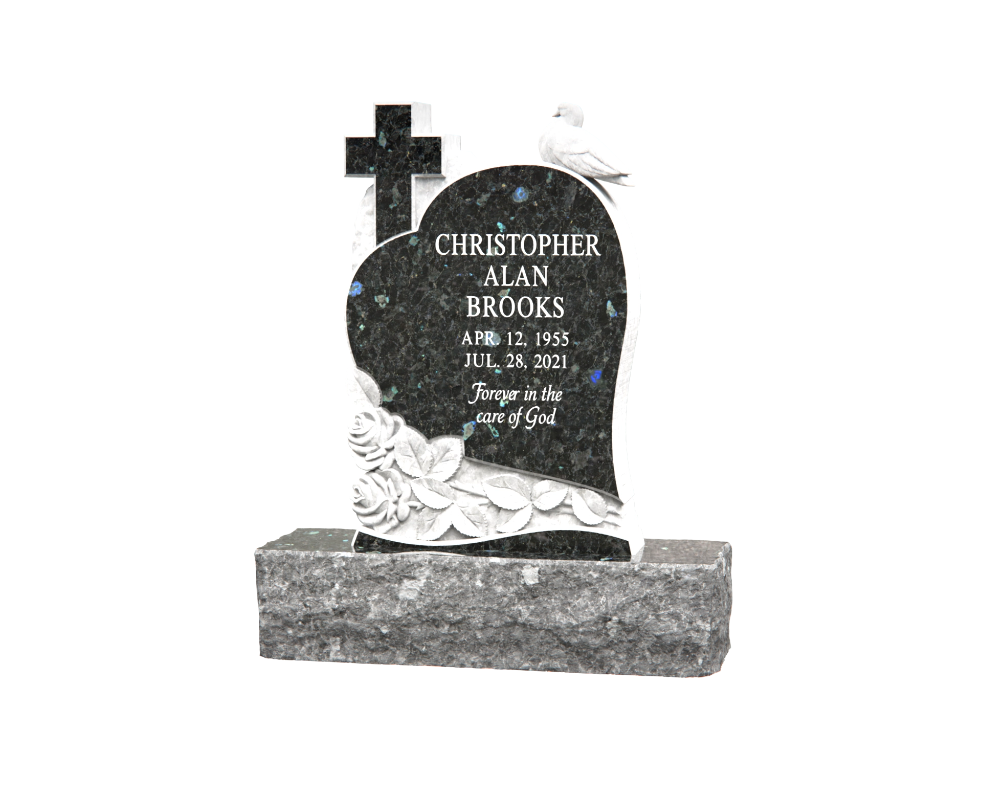 Premium Special-Shape Granite Headstone — Heart Silhouette with Cross, Dove & Roses
