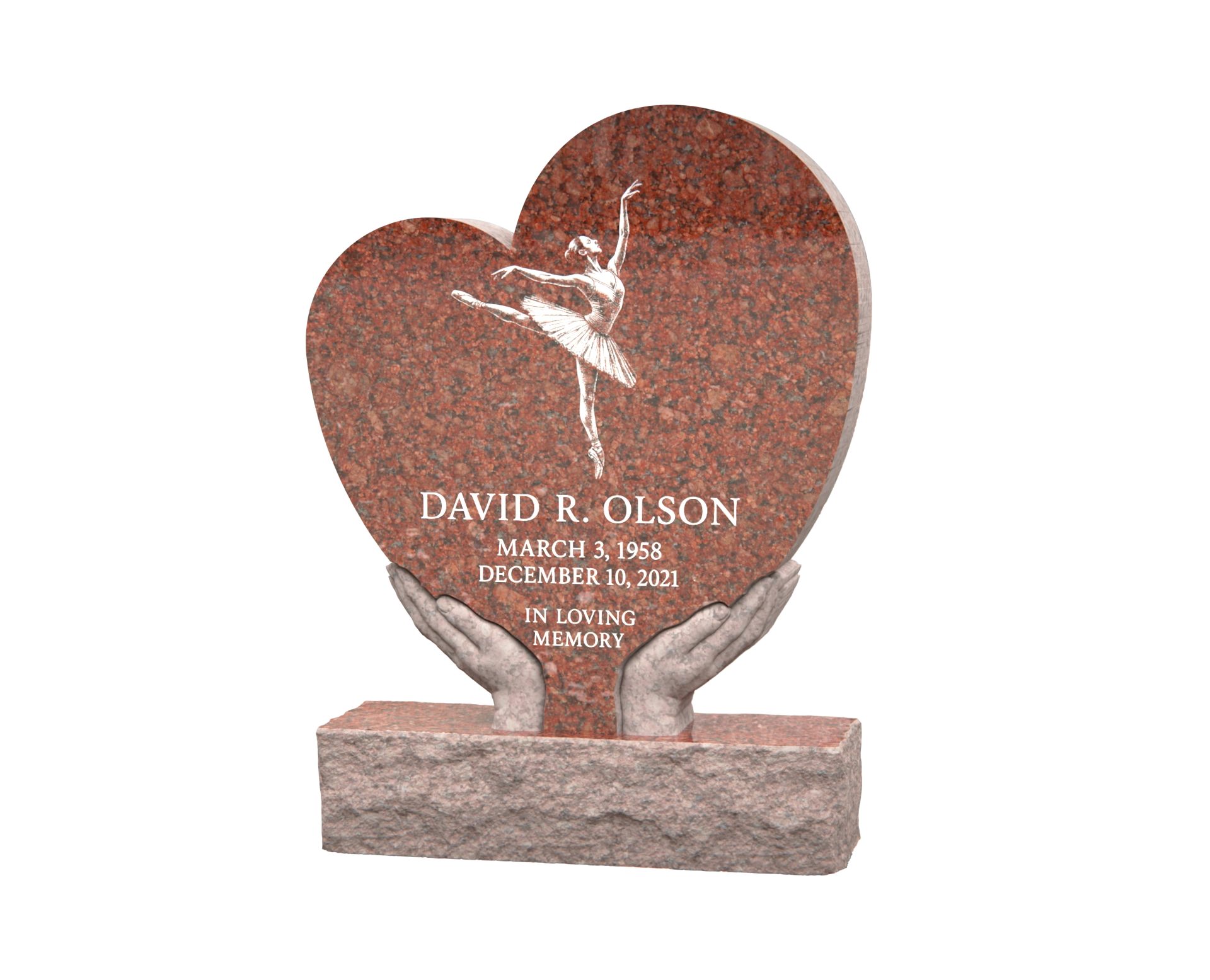 Luxury Heart-Shaped Granite Monument — Sculpted Hands Base & Ballerina Engraving