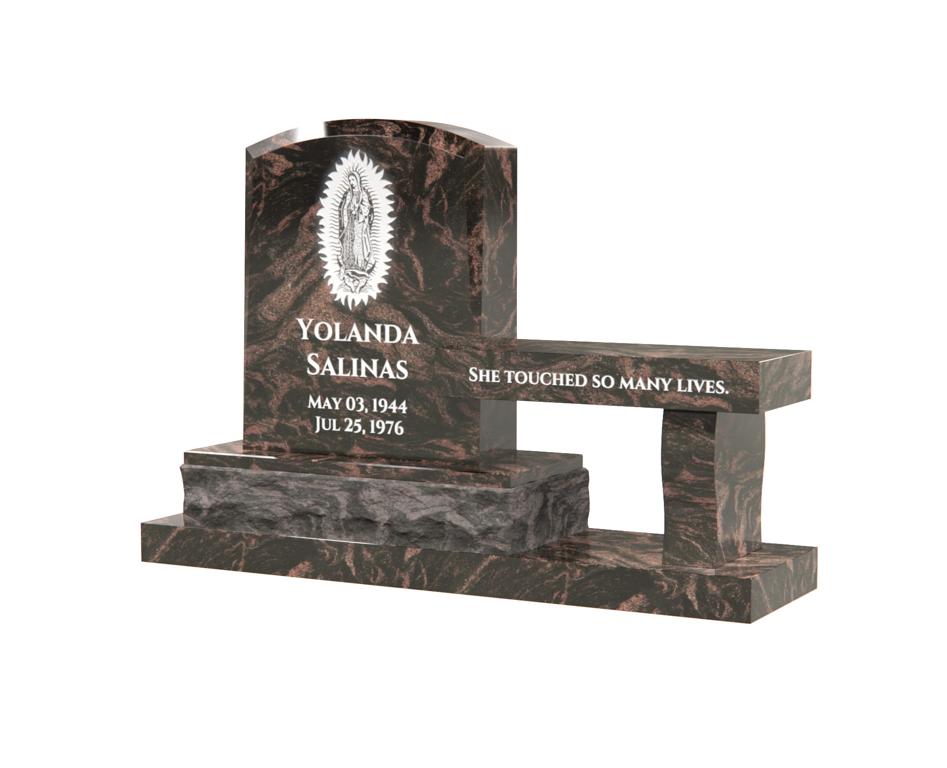 Lux Upright Headstone with Marian Emblem & Memorial Bench