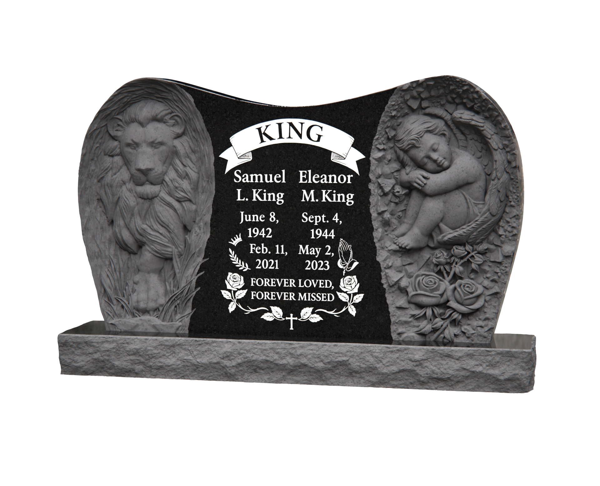 Luxury Companion Granite Headstone — Lion & Cherub Reliefs