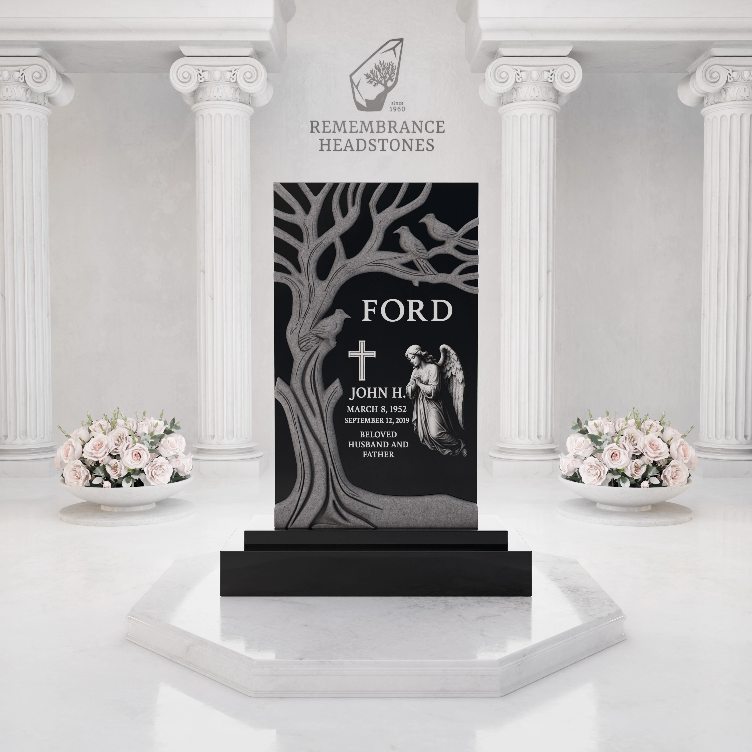 Premium Tree of Life Upright Granite Headstone with Angel & Birds