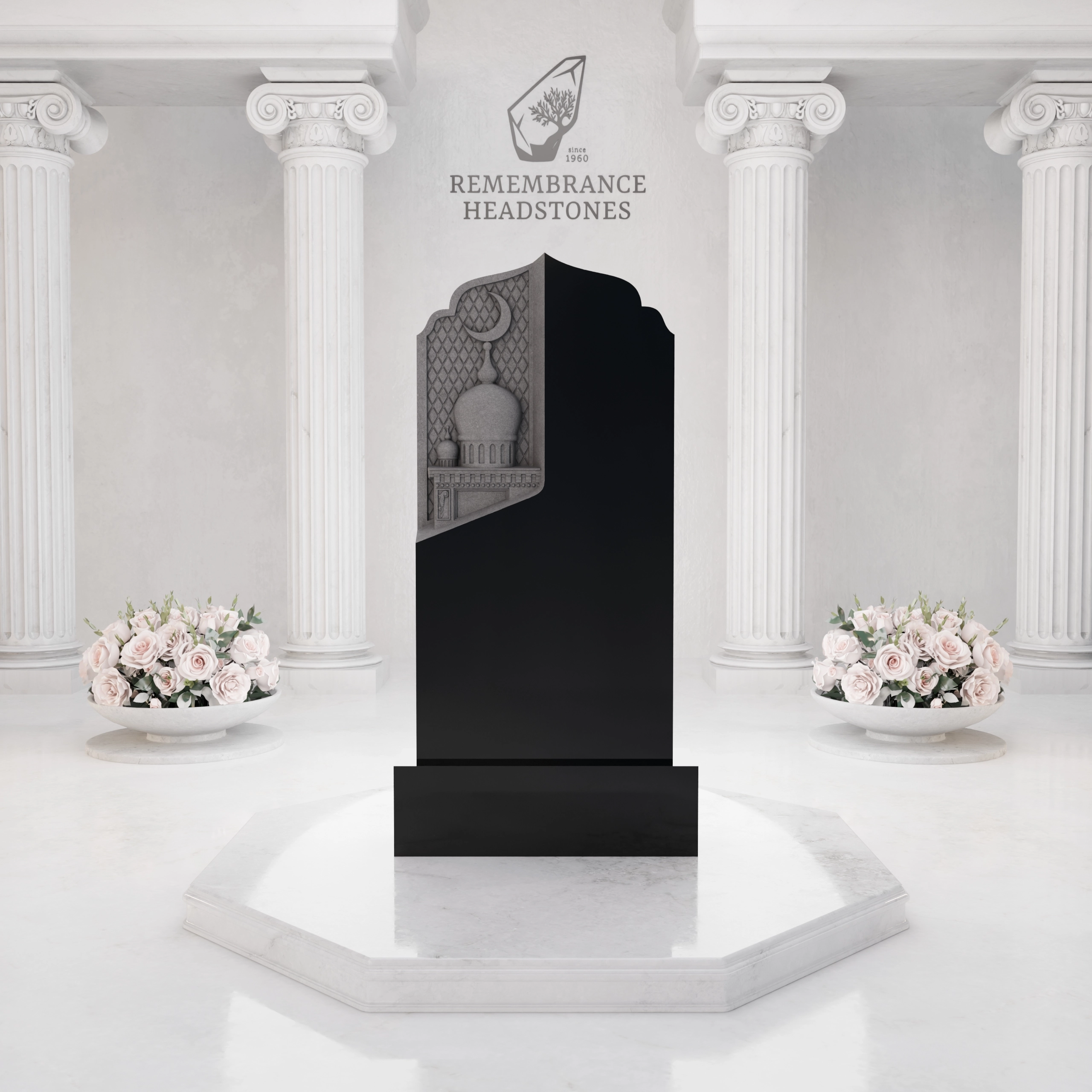 Premium Upright Granite Headstone — Mosque Relief Panel & Crescent view 3