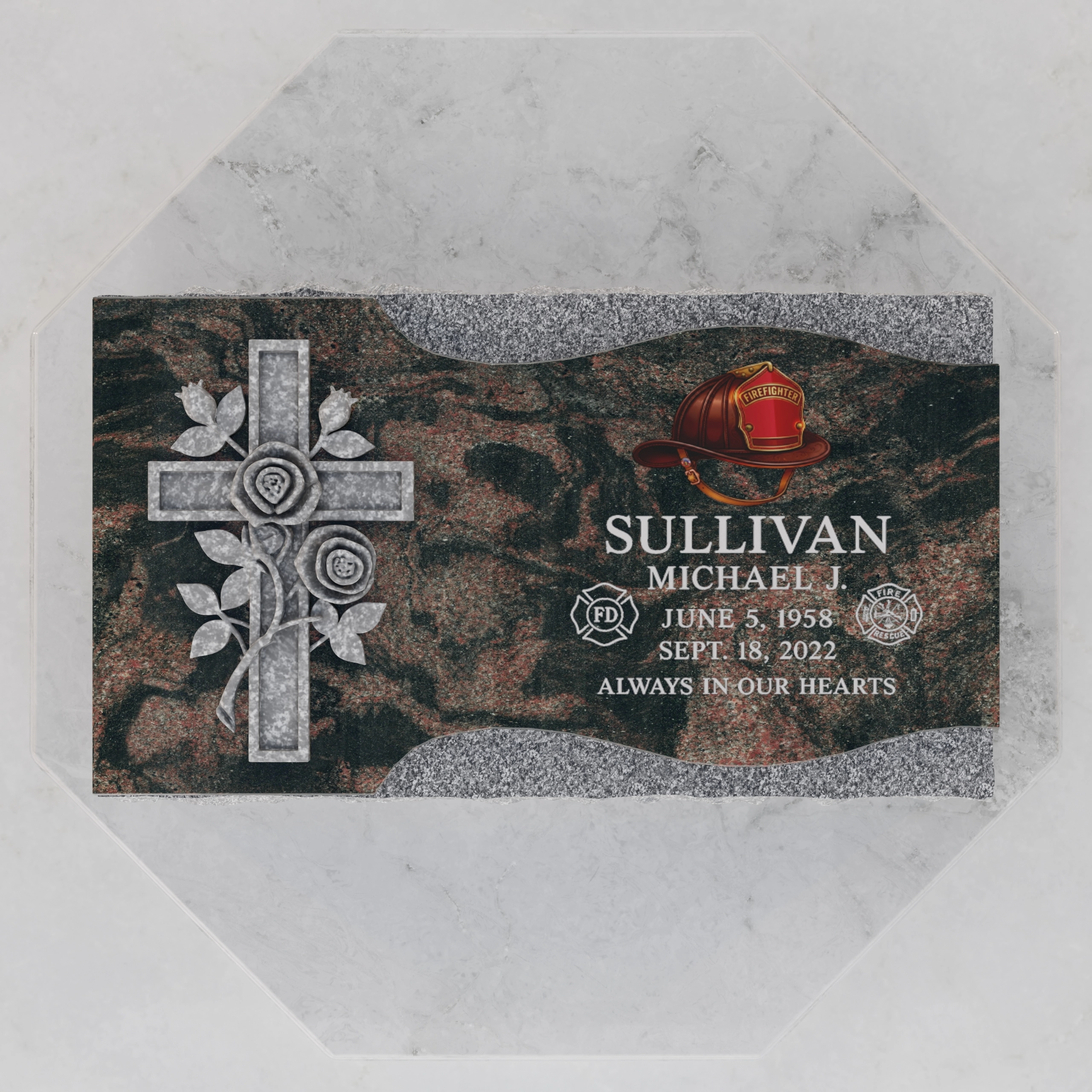 Luxury Firefighter Cross Flat Granite Grave Marker with Roses