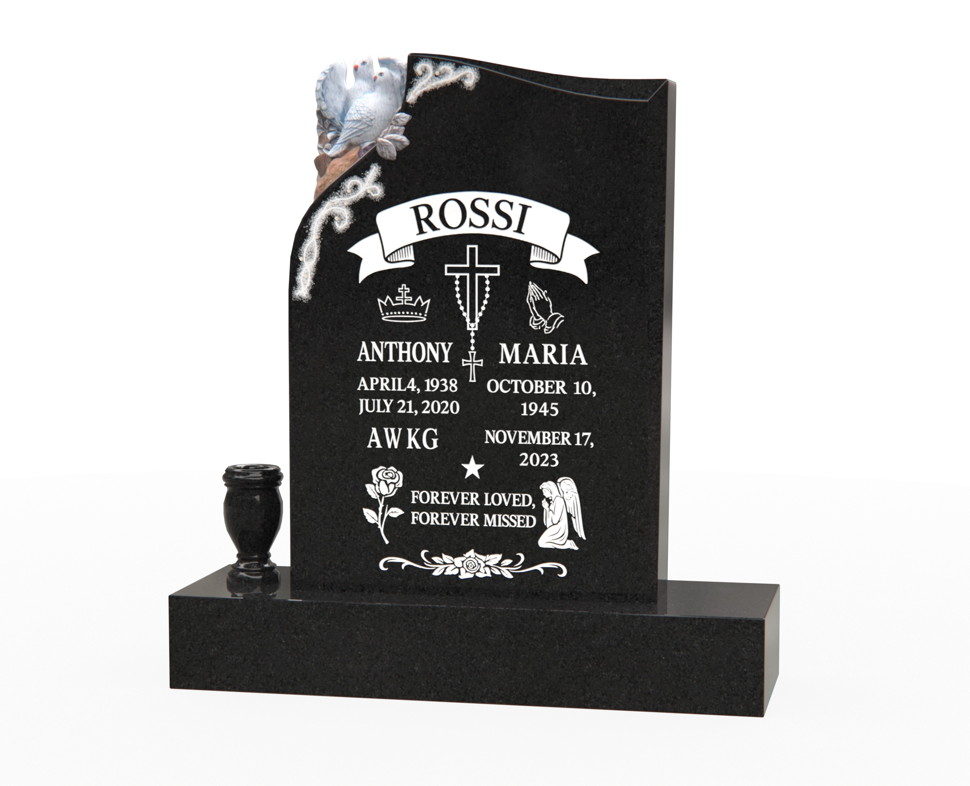 Premium Upright Granite Monument — Cross, Banner & Dove