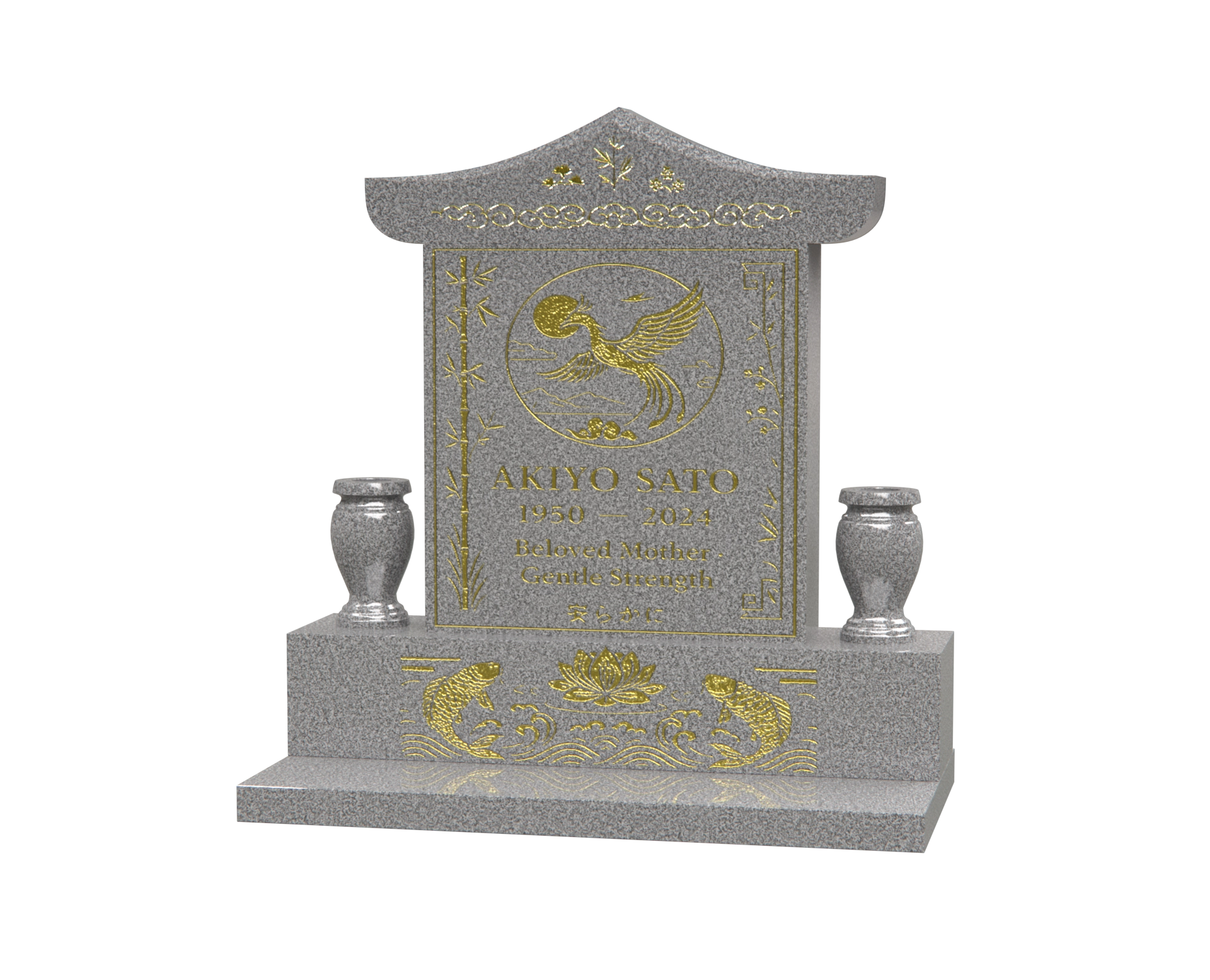 Lux Pagoda-Top Upright Granite Headstone with Phoenix & Lotus