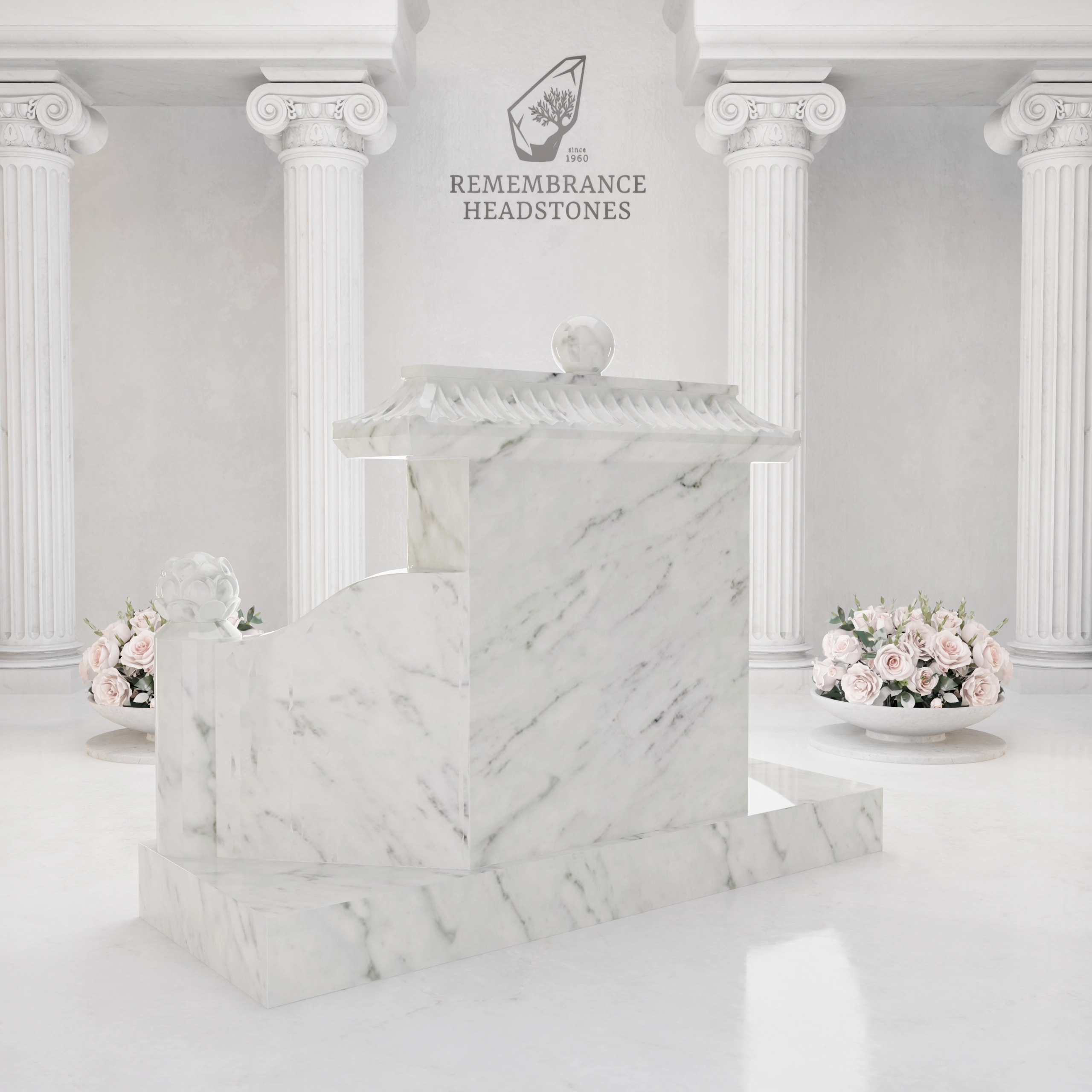 Luxury Asian Pavilion Granite Memorial with Guardian Pillars view 4
