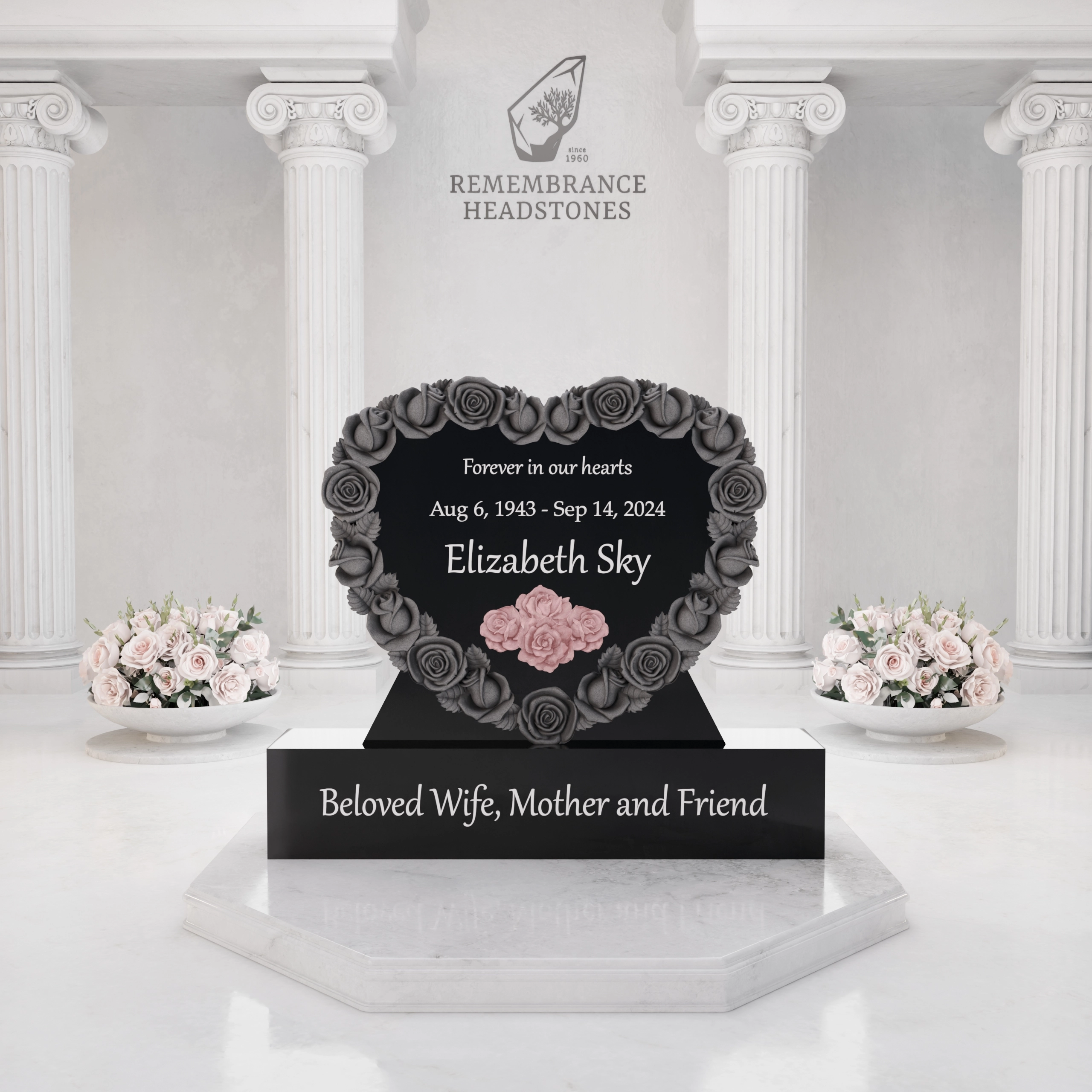 Luxury Heart-Shaped Granite Headstone — Rose Wreath & Butterfly