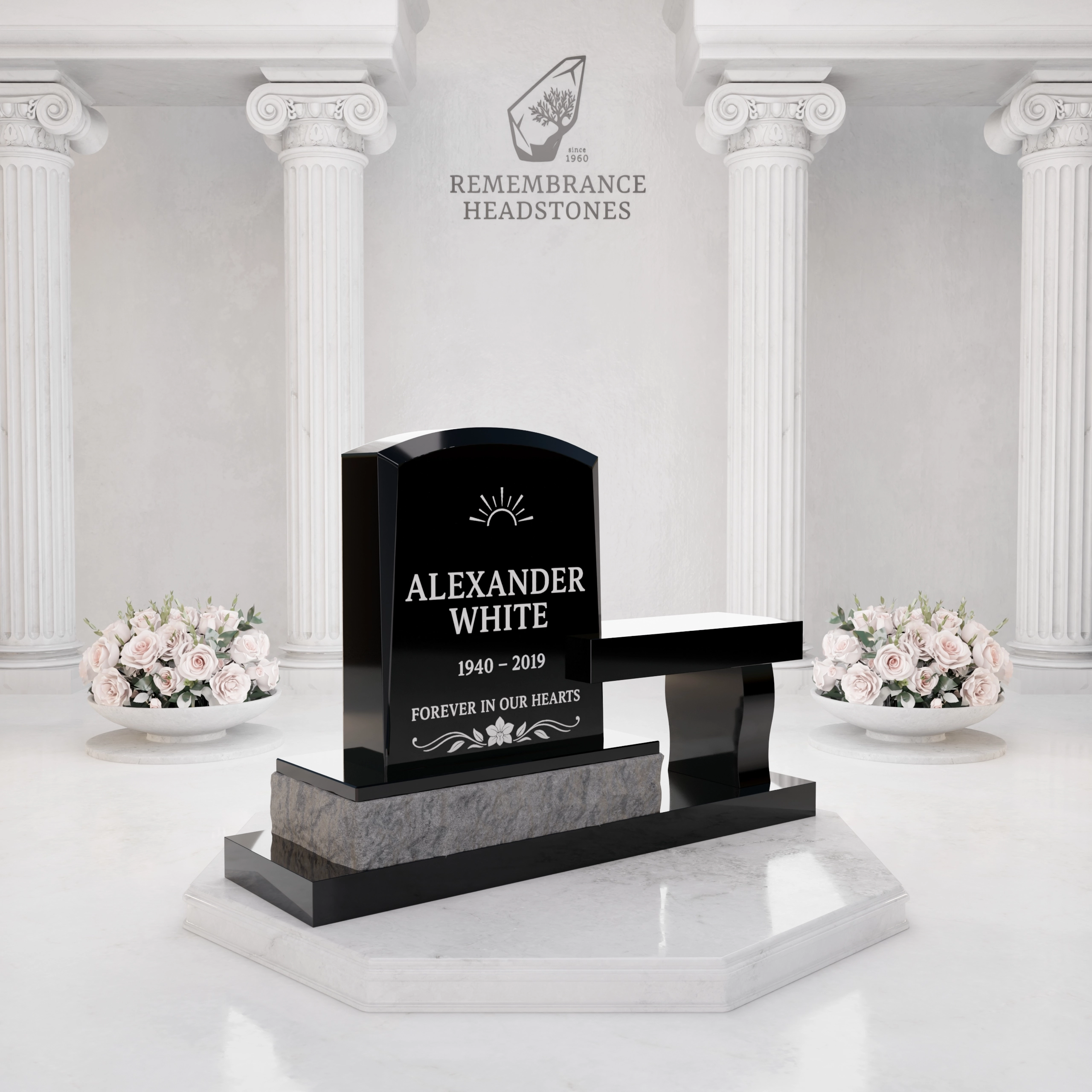 Lux Upright Headstone with Marian Emblem & Memorial Bench view 2