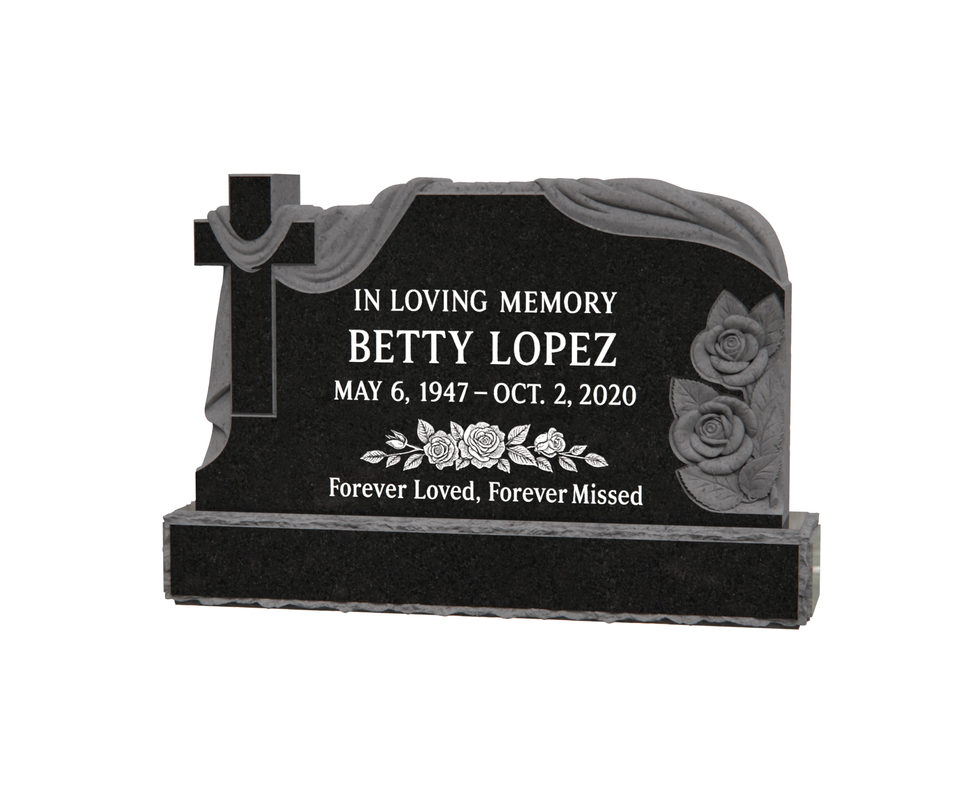 Luxury Upright Granite Headstone — Draped Tablet with Cross & Roses