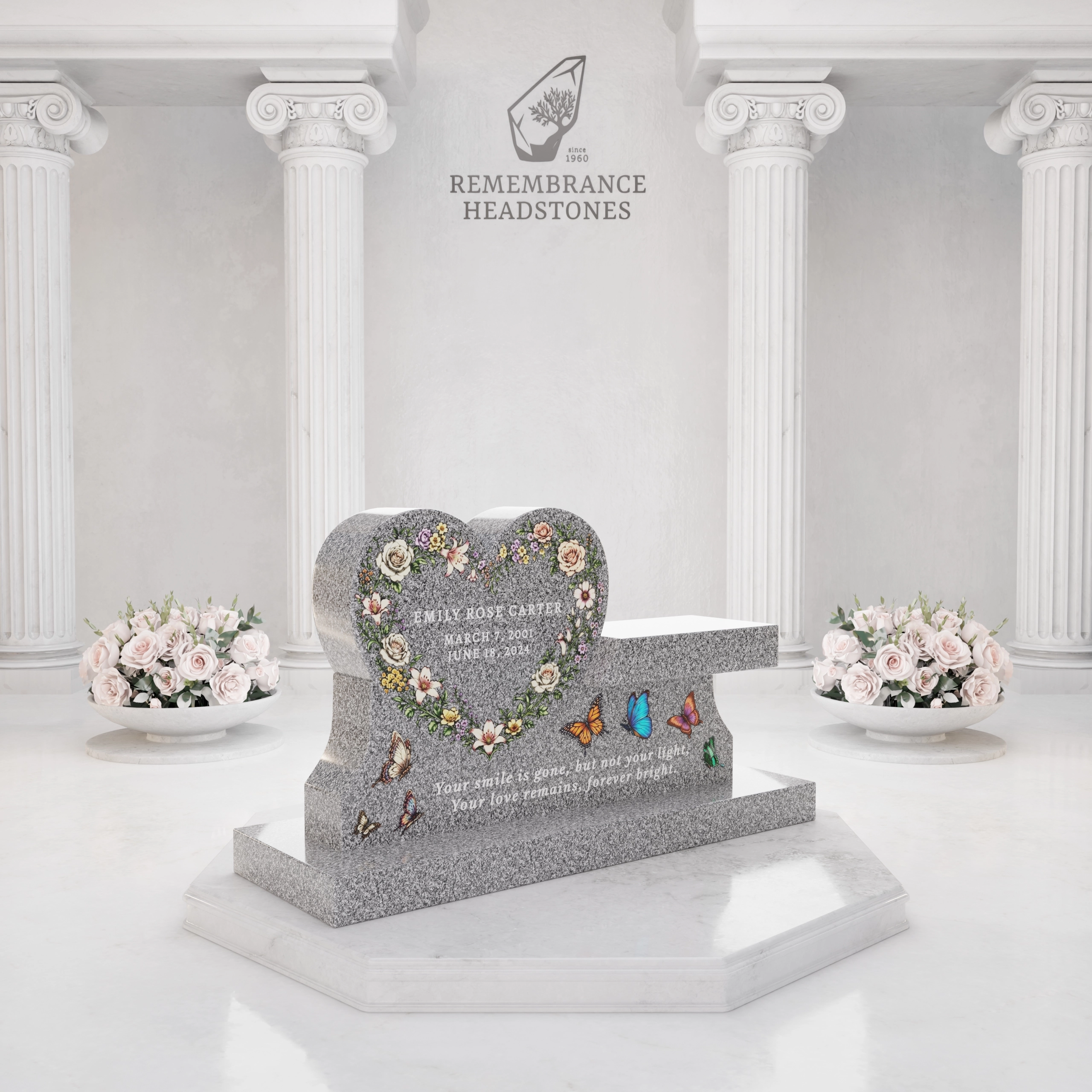 Luxury Heart Companion Granite Bench Memorial with Floral Wreath view 2