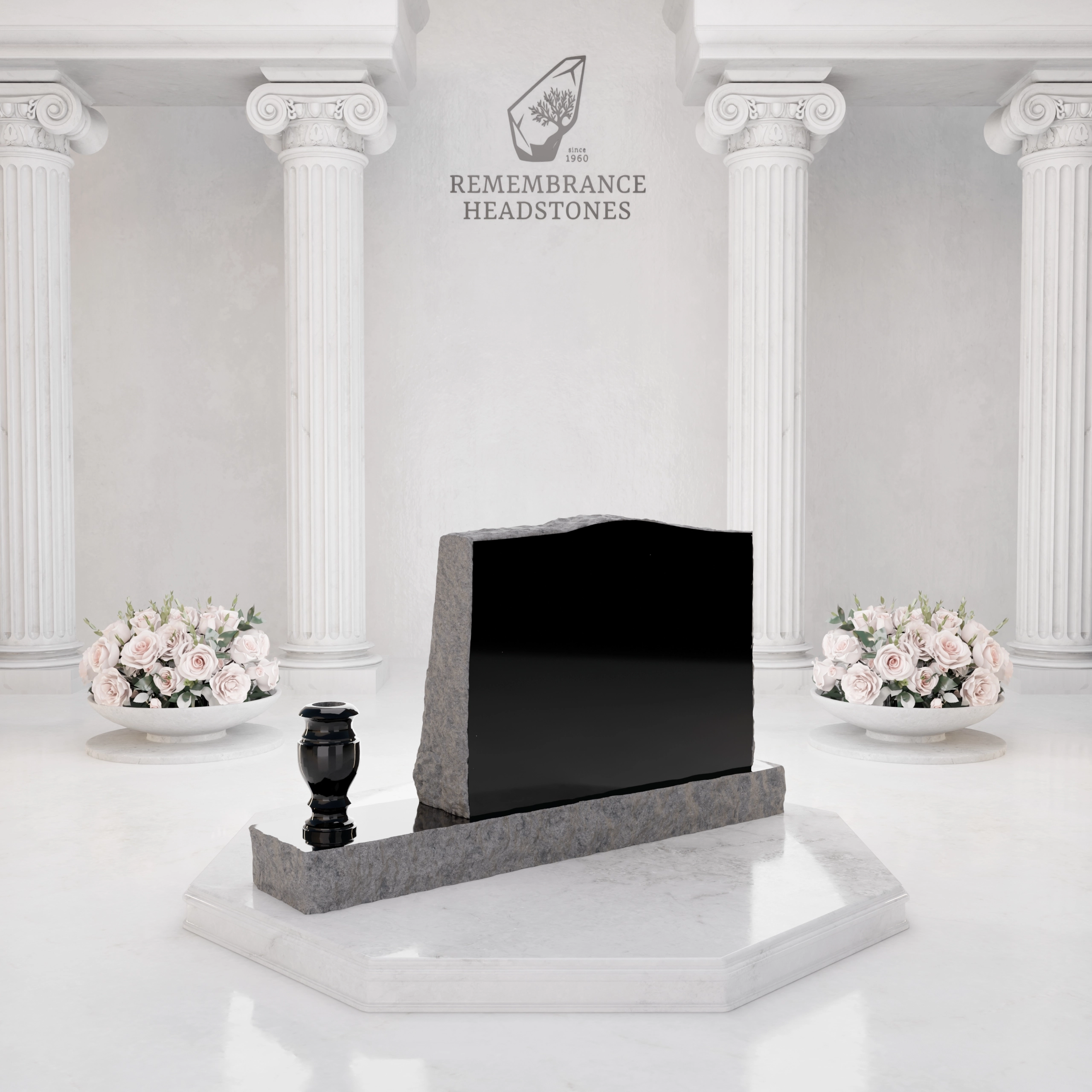 Premium Slant Granite Headstone with Rock-Pitched Edge, Rose Motif & Vase view 5
