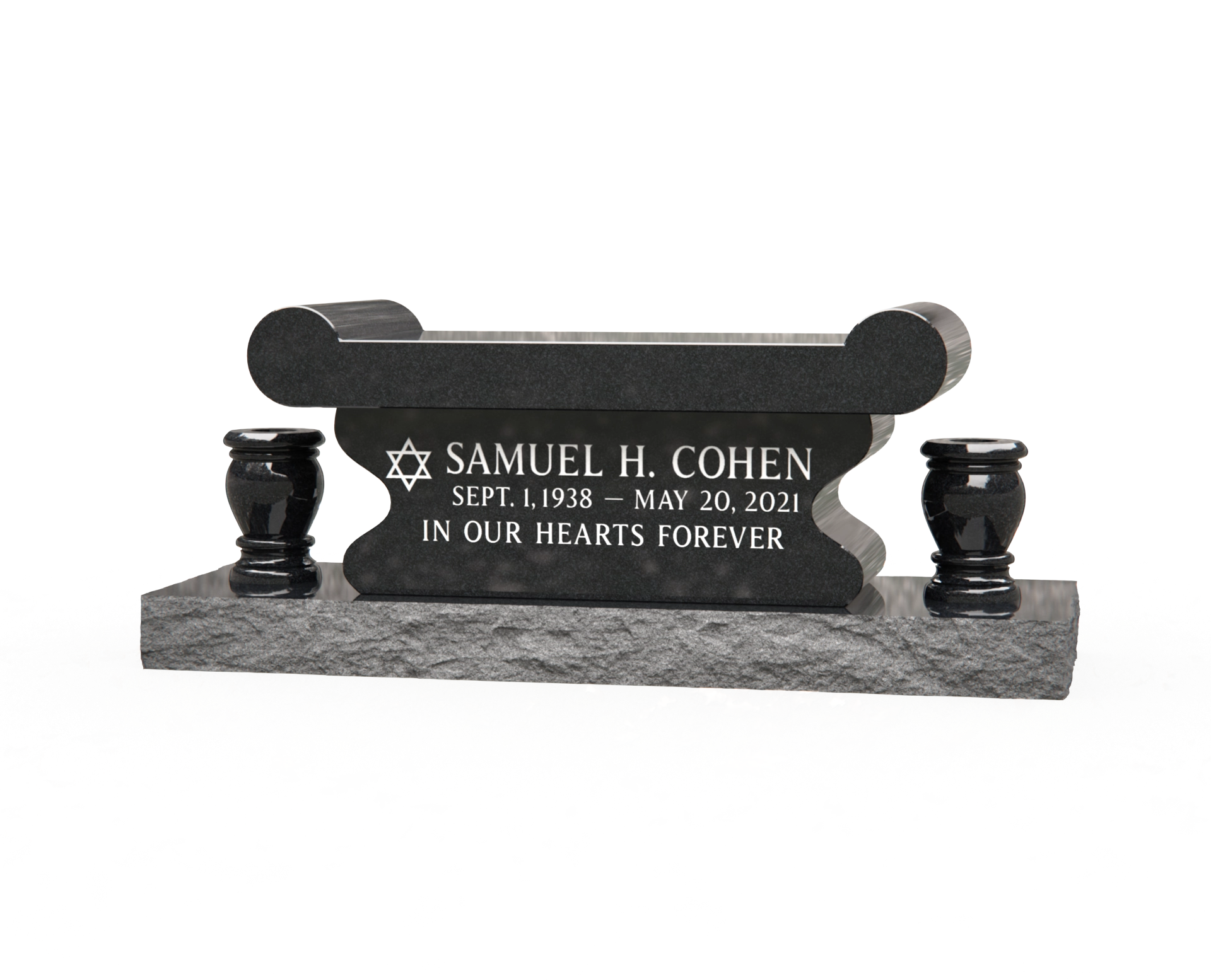 Luxury Jewish Granite Memorial Bench with Rolled Seat & Twin Vases