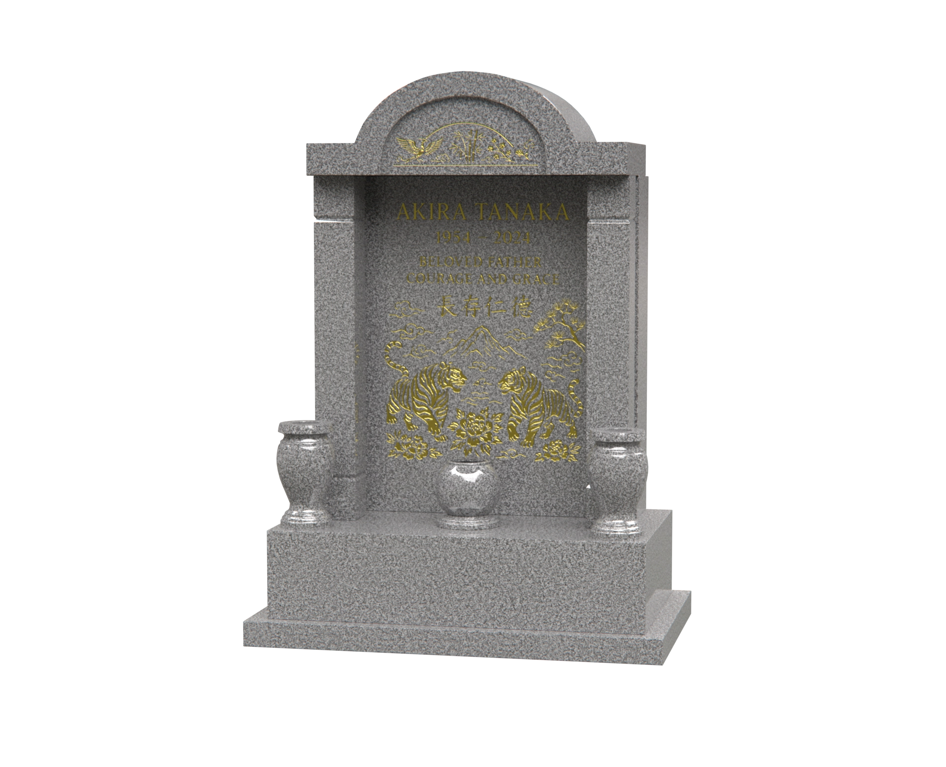 Lux Arched Shrine Upright Granite Headstone with Columns & Tiger Motif