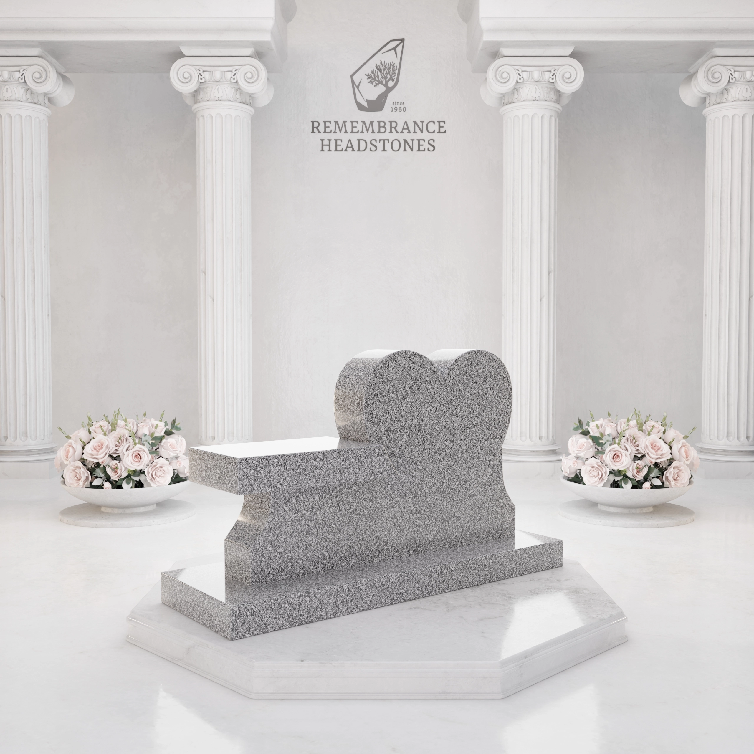 Luxury Heart Companion Granite Bench Memorial with Floral Wreath view 4