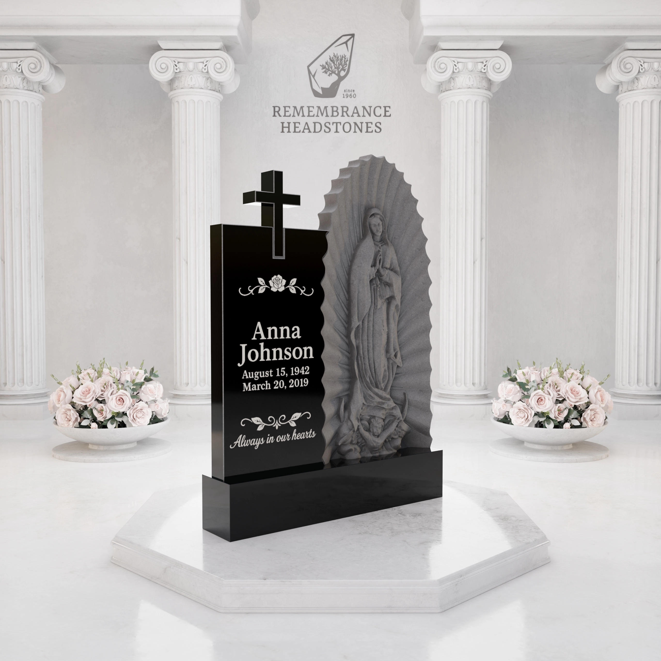Premium Upright Granite Headstone — Guadalupe Relief & Cross view 2
