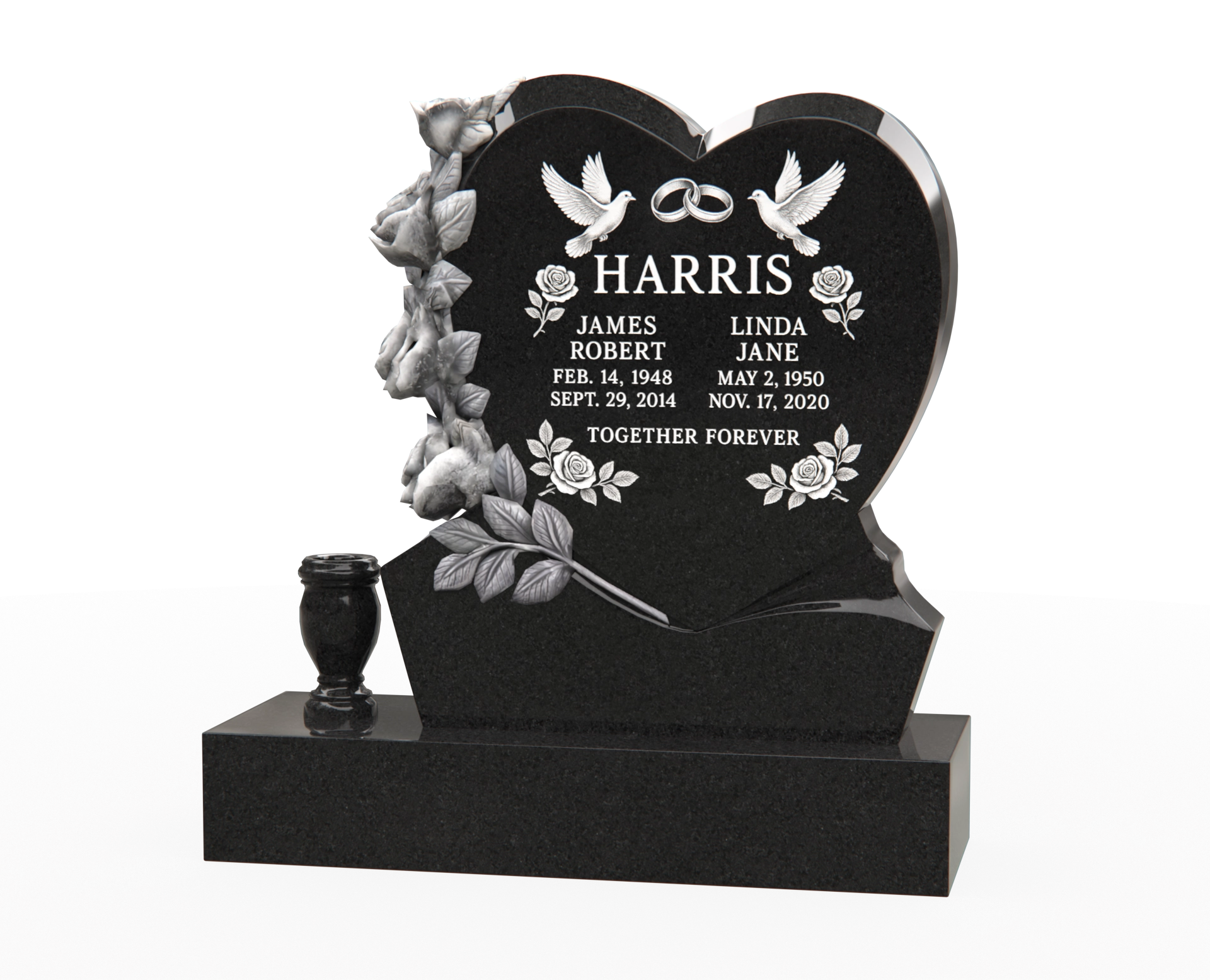 Luxury Heart-Shaped Companion Granite Monument — Doves & Rose Garland