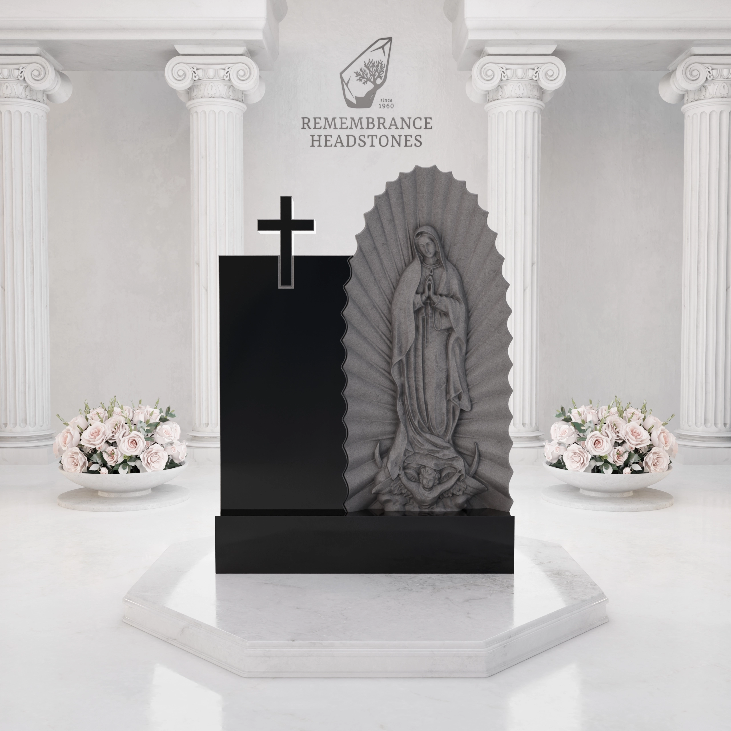 Premium Upright Granite Headstone — Guadalupe Relief & Cross view 3