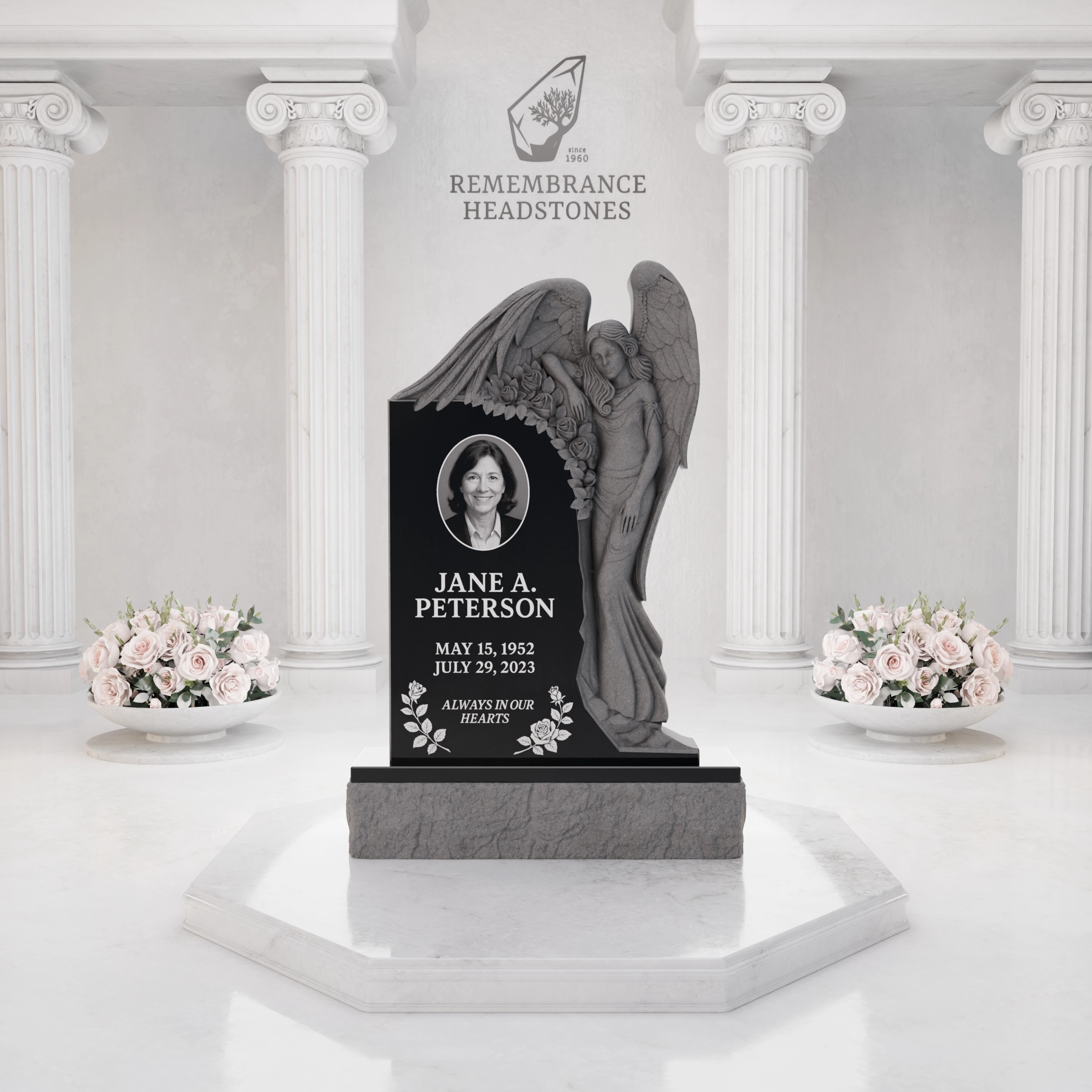 Luxury Upright Granite Monument — Guardian Angel Relief & Photo Cameo