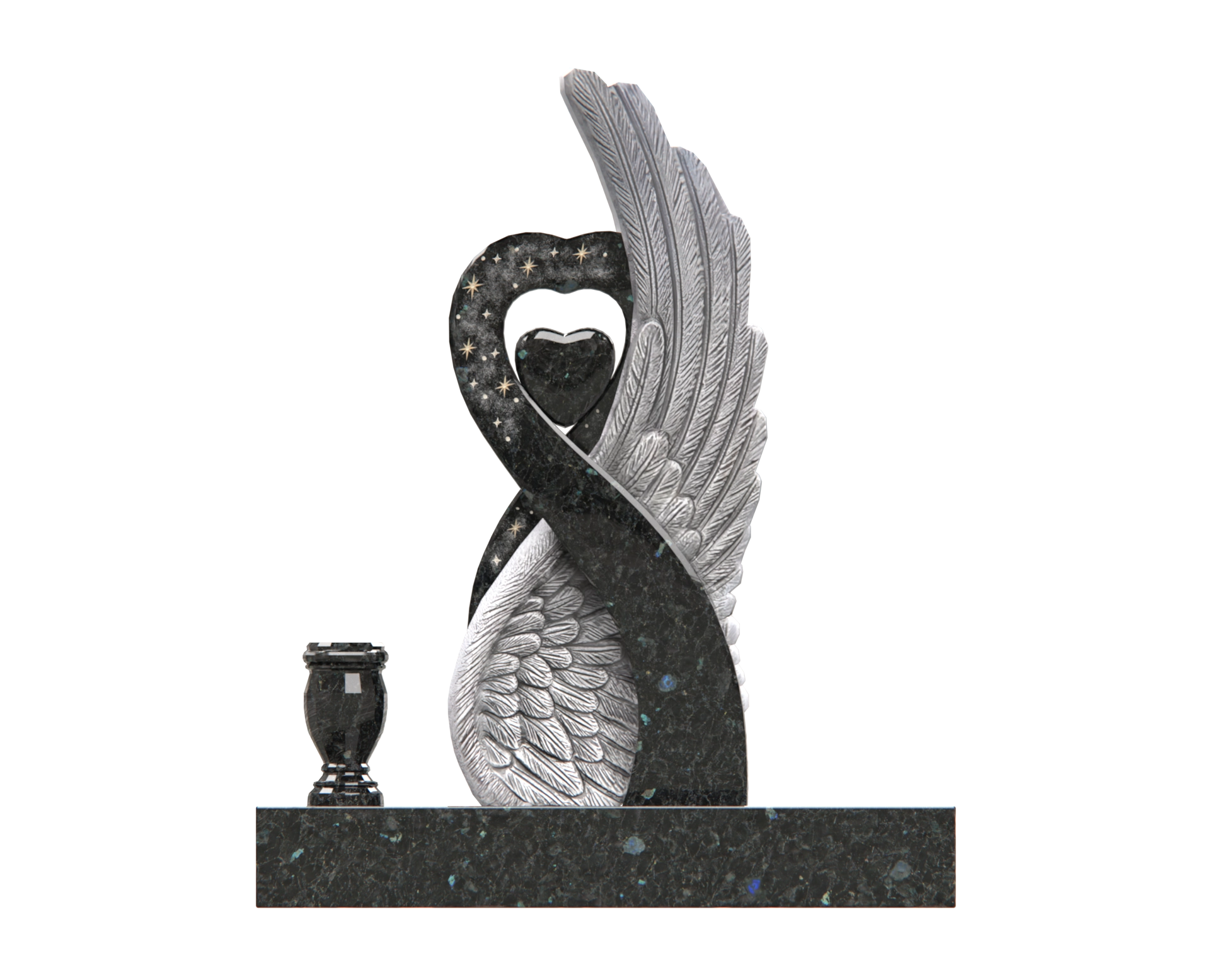 Luxury Special-Shape Granite Headstone — Angel Wing & Heart with Crystal Accents view 3