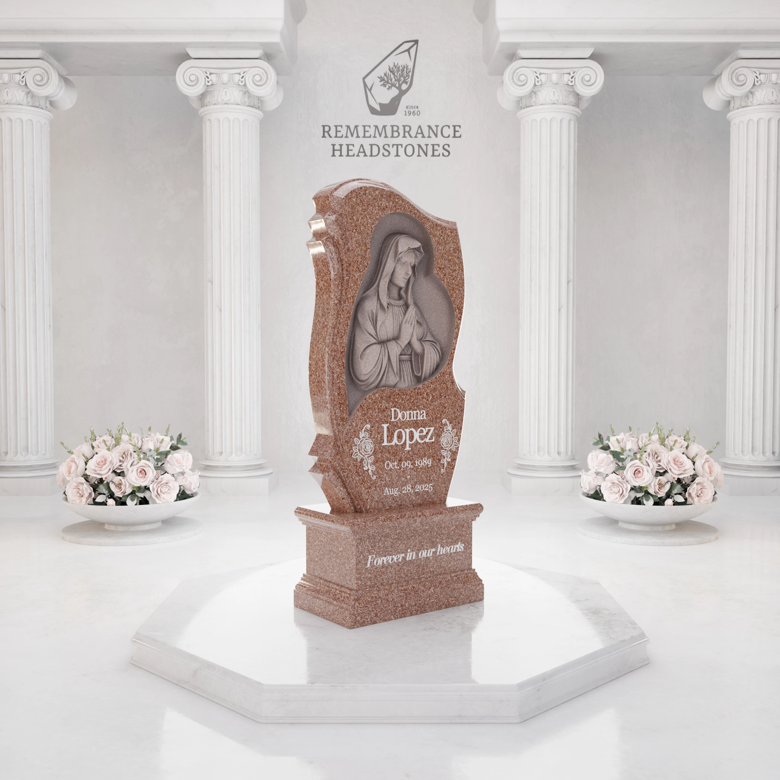 Luxury Virgin Mary Carved Granite Memorial view 2
