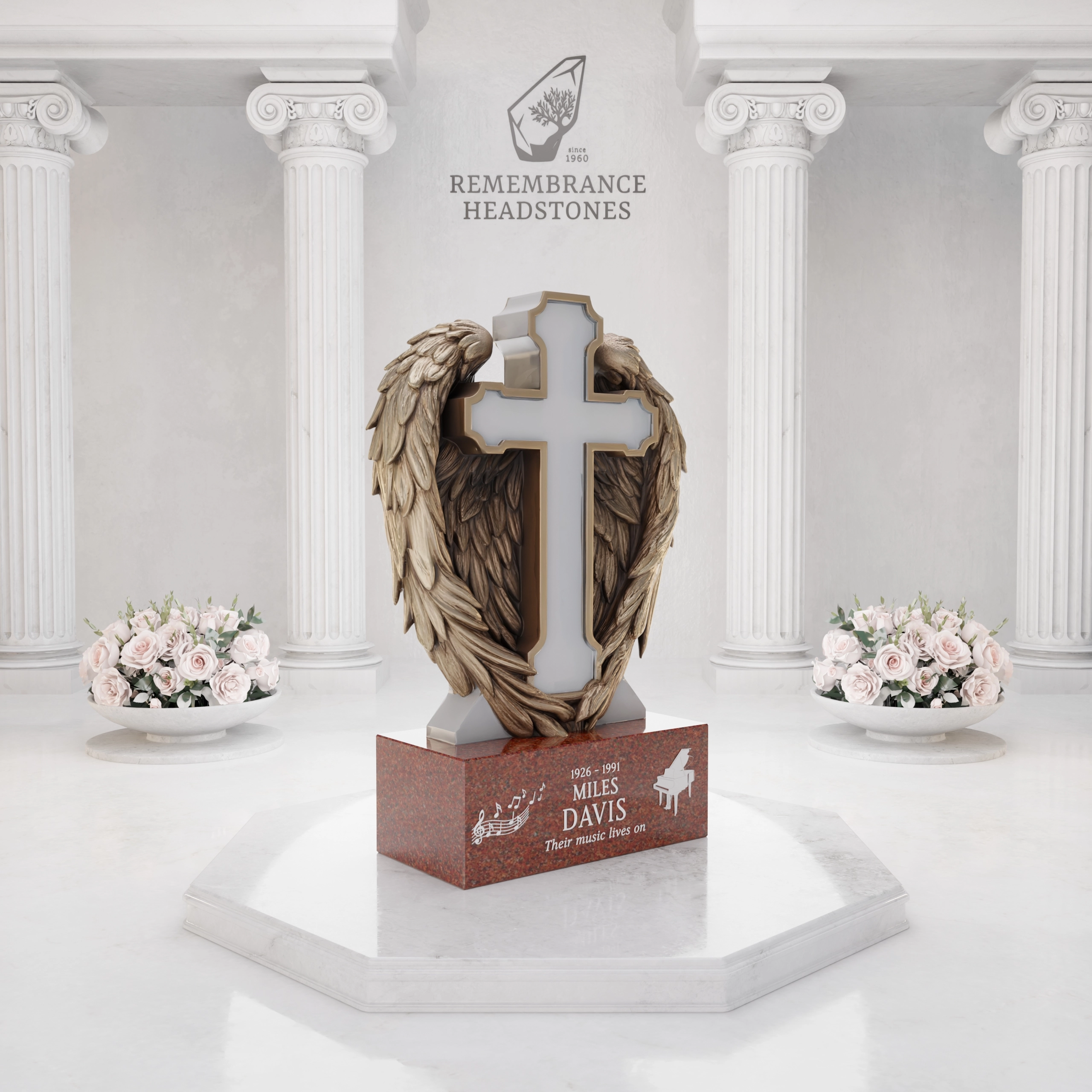Luxury Cross with Guardian Angel Wings Granite Headstone view 2