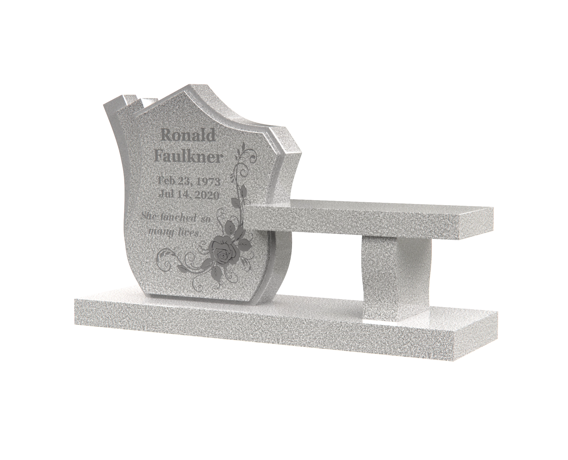 Luxury Granite Memorial Bench with Sculpted Shield Tablet & Floral Engraving
