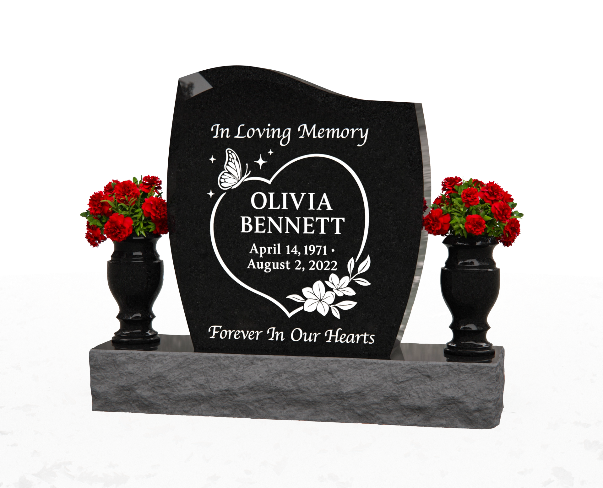 Luxury Upright Granite Headstone with Heart & Butterfly