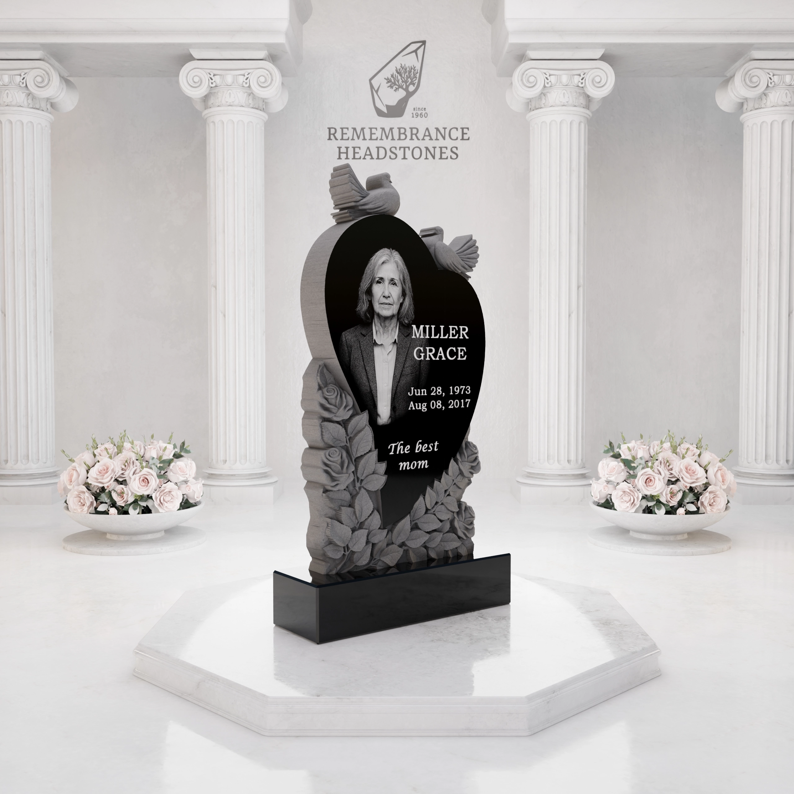 Luxury Heart-Shaped Granite Monument — Doves, Rose Garland & Sewing Motif view 2