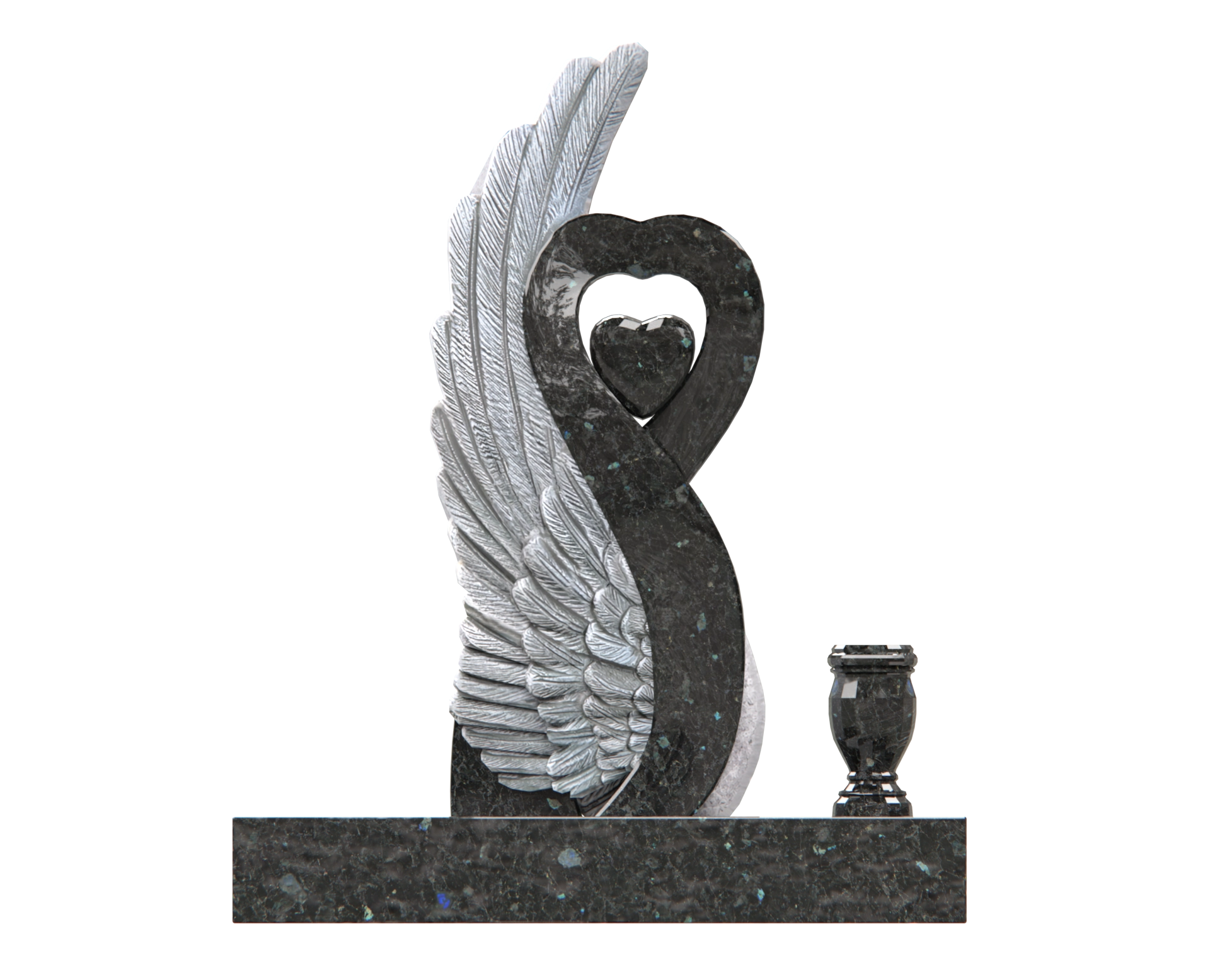 Luxury Special-Shape Granite Headstone — Angel Wing & Heart with Crystal Accents view 2