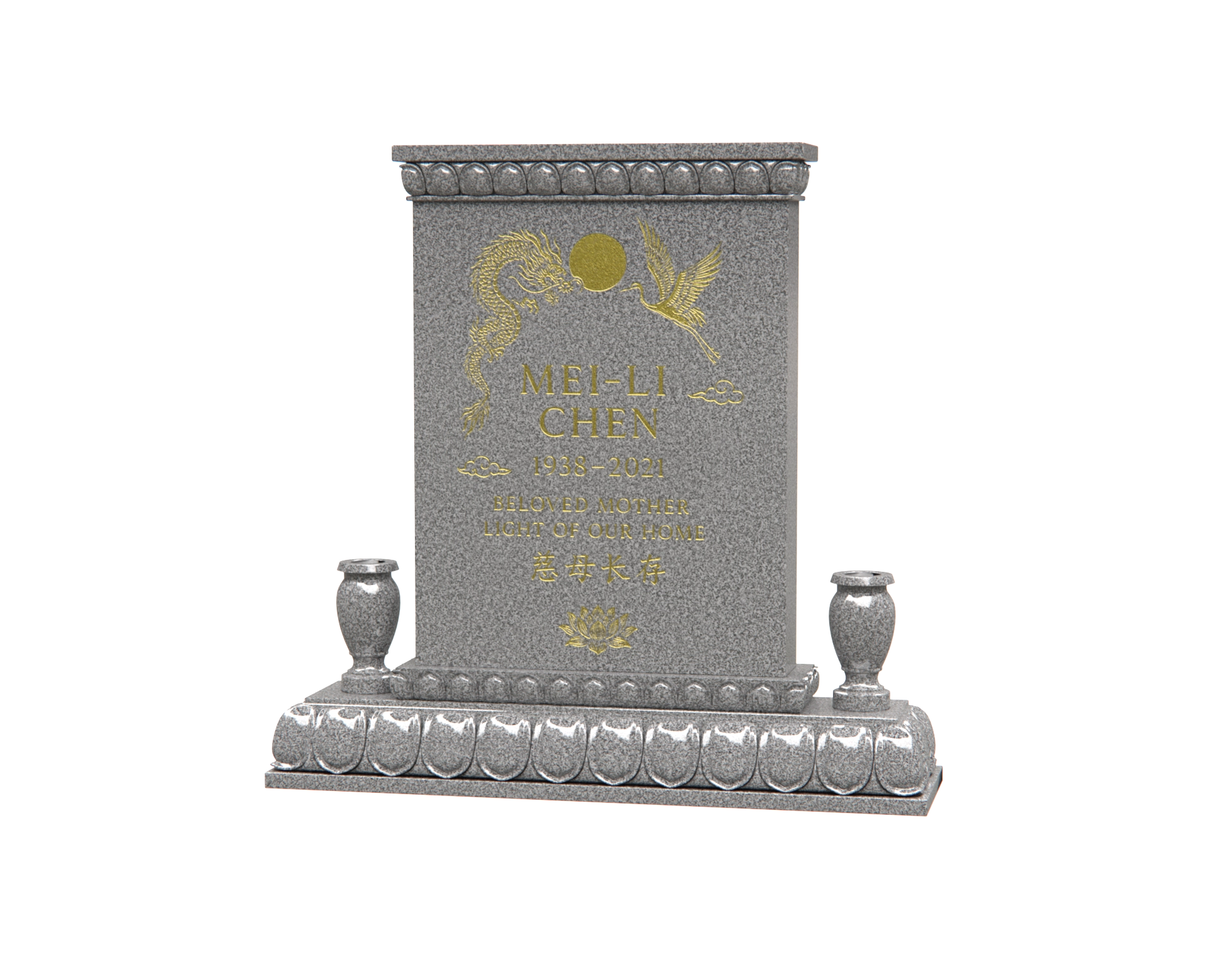 Lux Upright Granite Headstone with Asian Dragon & Phoenix Temple Base