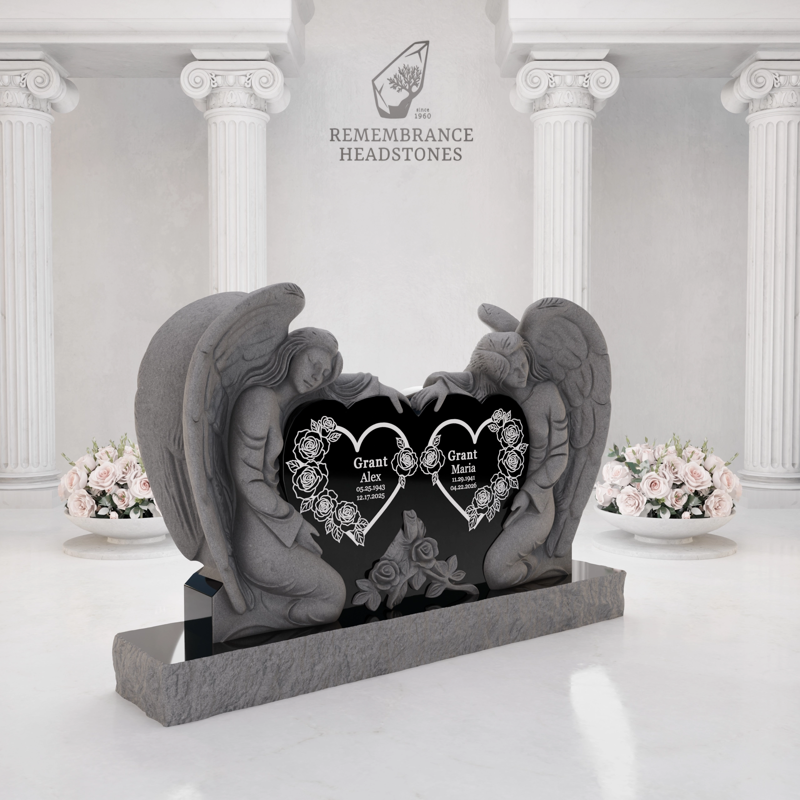 Luxury Twin Guardian Angel Heart Companion Granite Headstone view 2