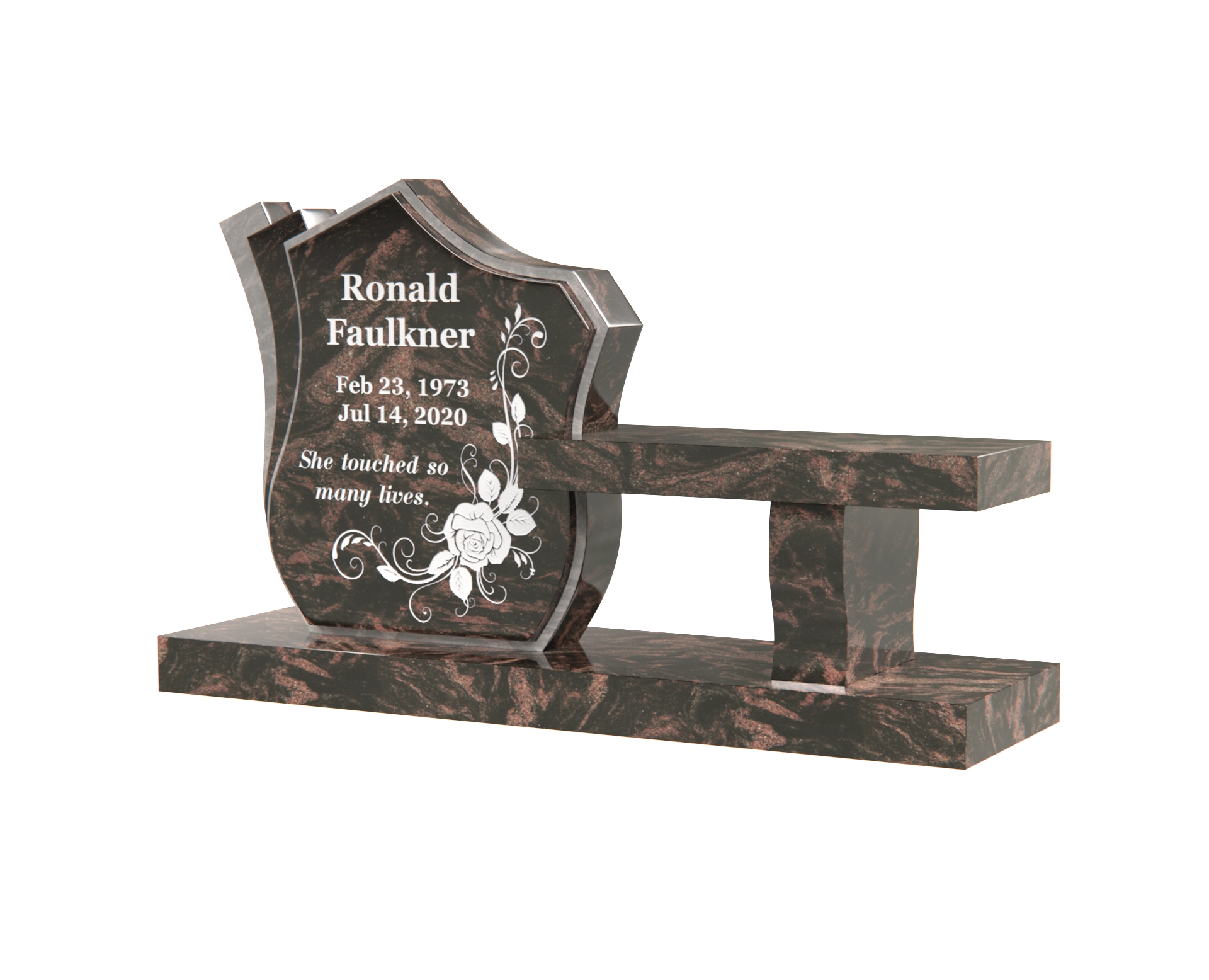 Luxury Granite Memorial Bench with Sculpted Shield Tablet & Floral Engraving