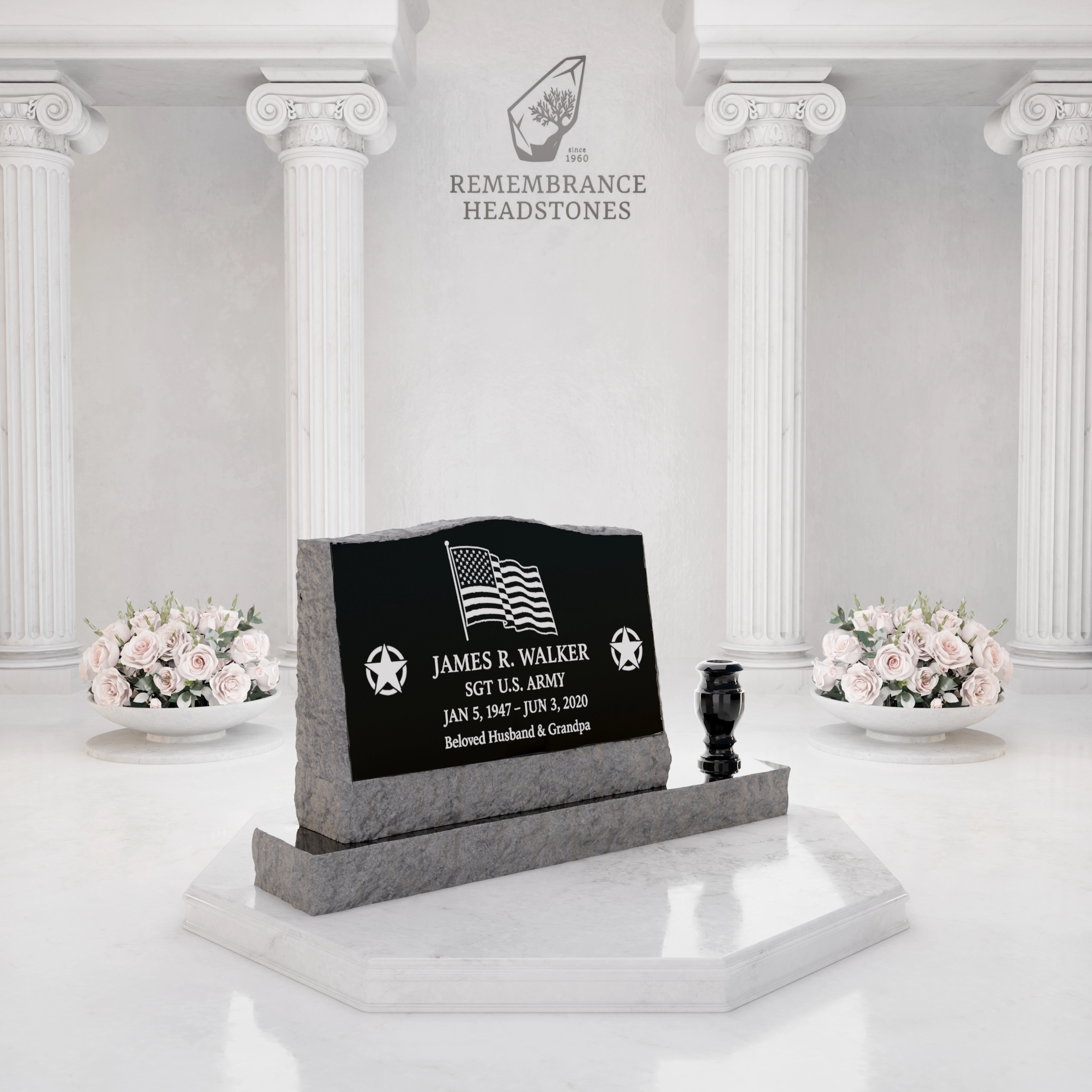 Premium Slant Granite Headstone with Rock-Pitched Edge, Rose Motif & Vase view 2