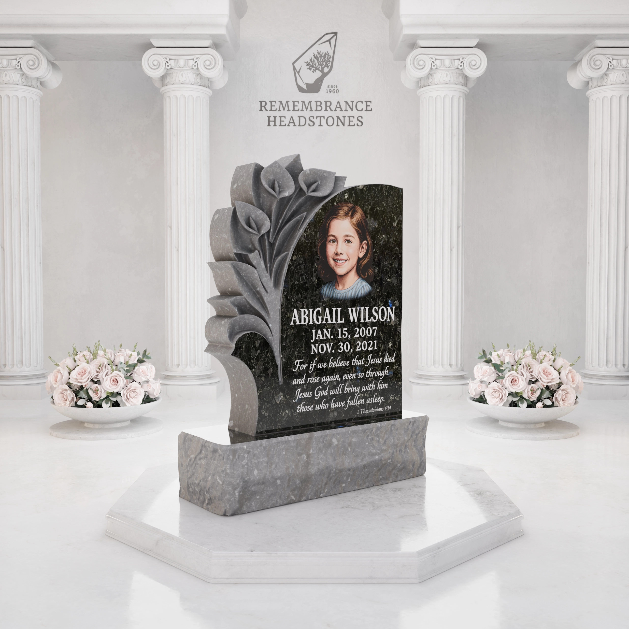 Luxury Child Calla Lily Granite Headstone with Portrait view 2