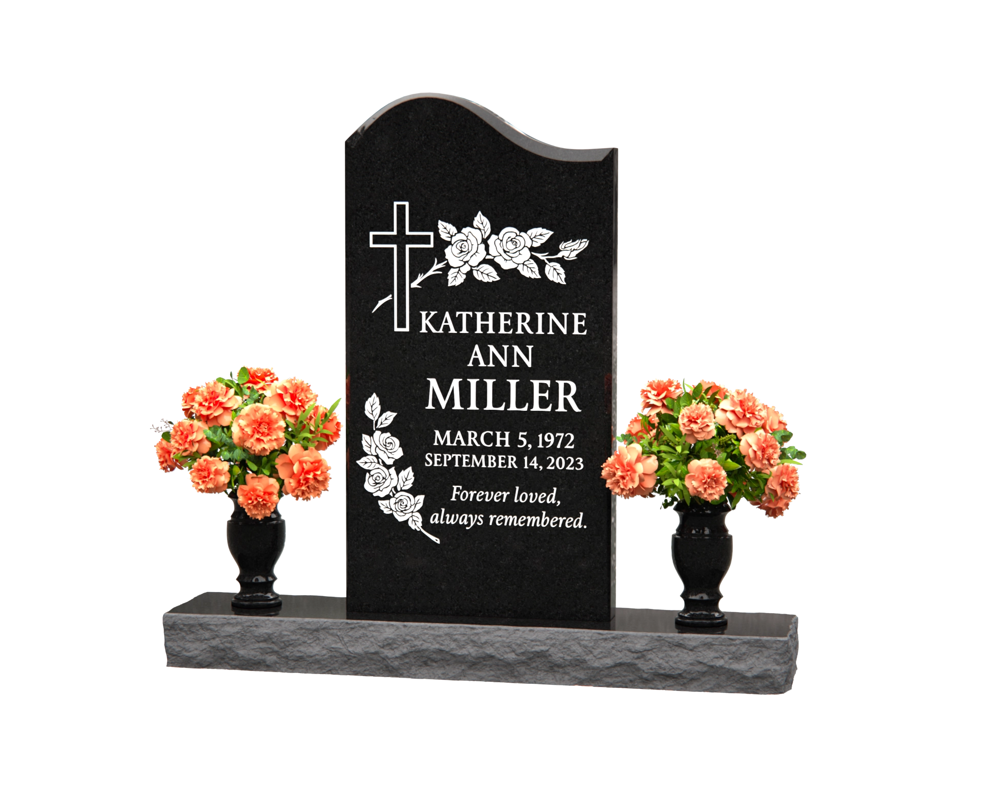 Luxury Upright Granite Headstone with Cross, Roses & Dual Vases