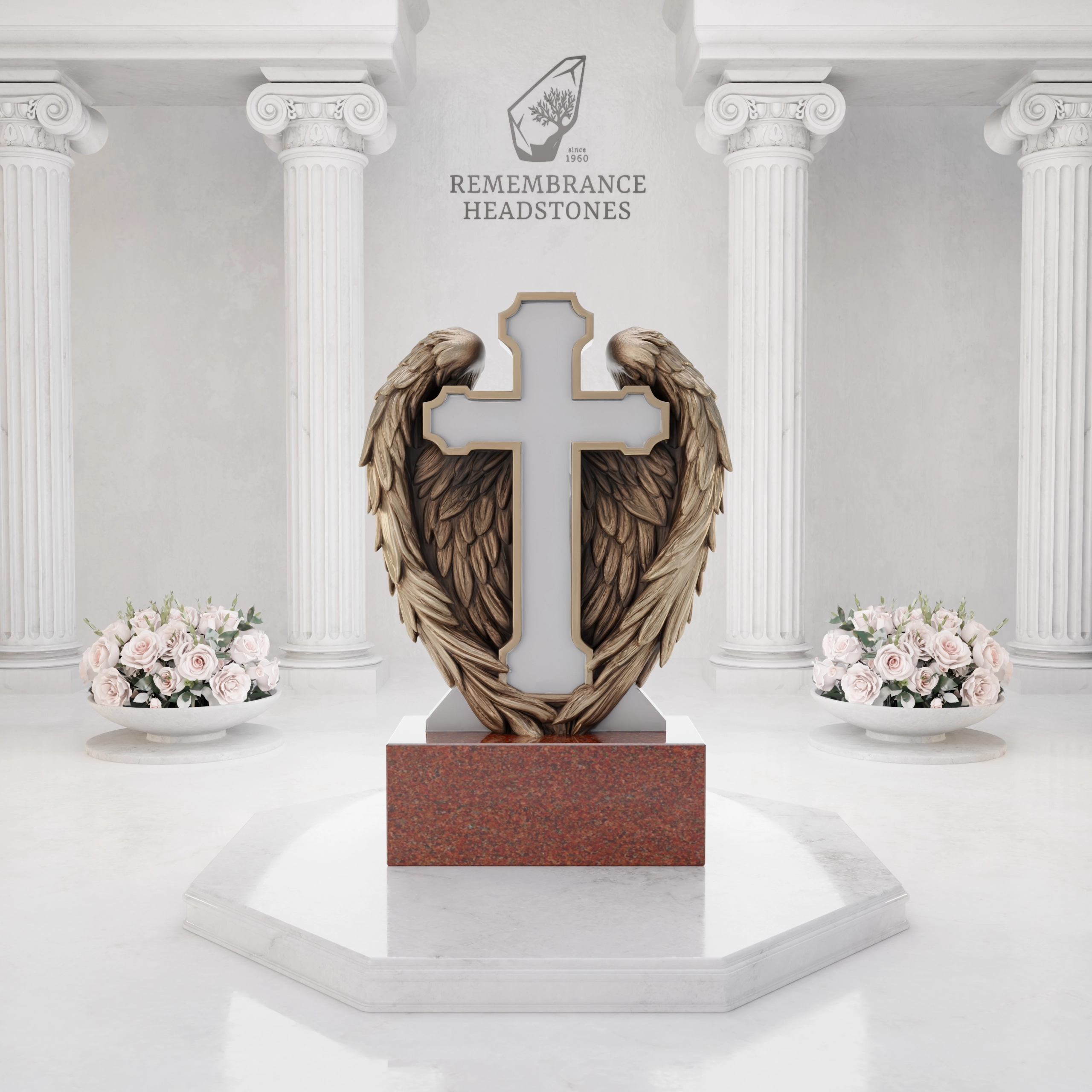 Luxury Cross with Guardian Angel Wings Granite Headstone view 3