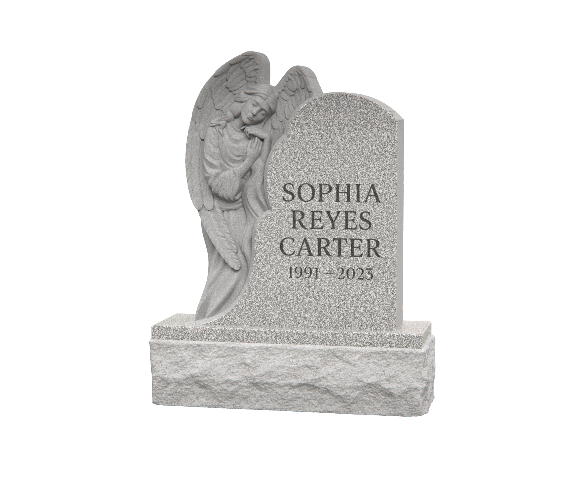 Premium Custom Granite Headstone — Angel Embrace with Asymmetric Arch