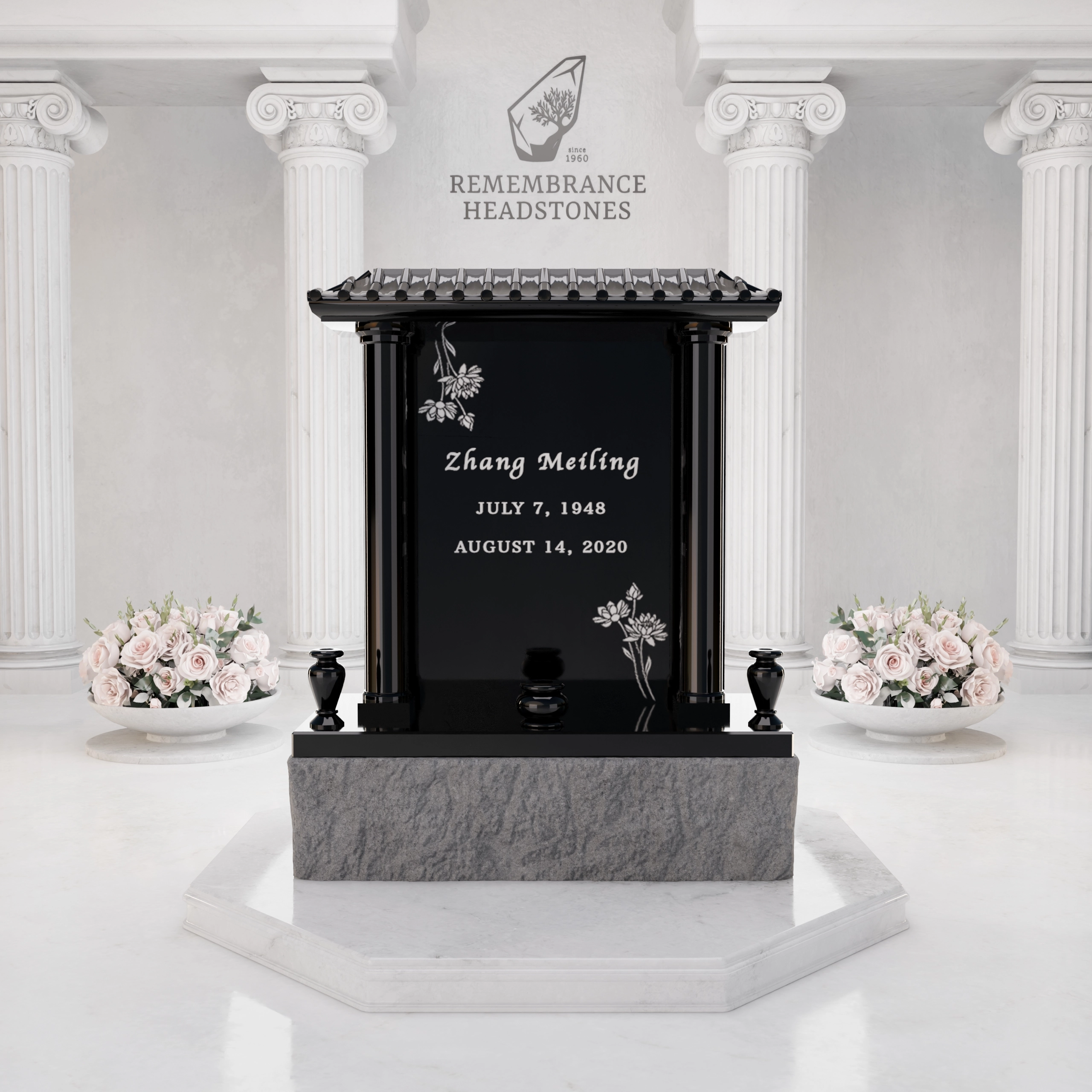 Lux Pagoda-Style Upright Granite Headstone with Columns, Crane & Blossoms