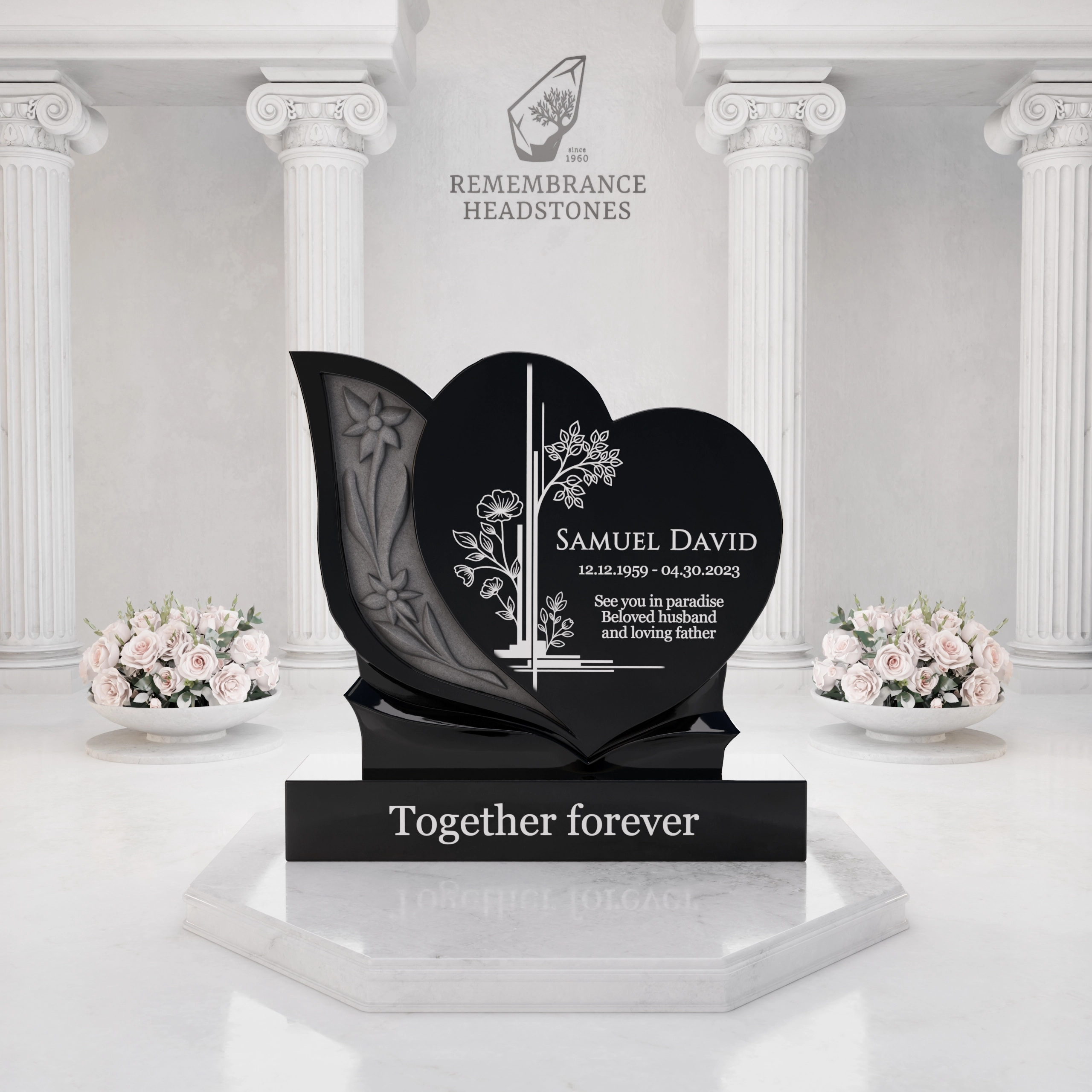Luxury Floral Heart Granite Headstone