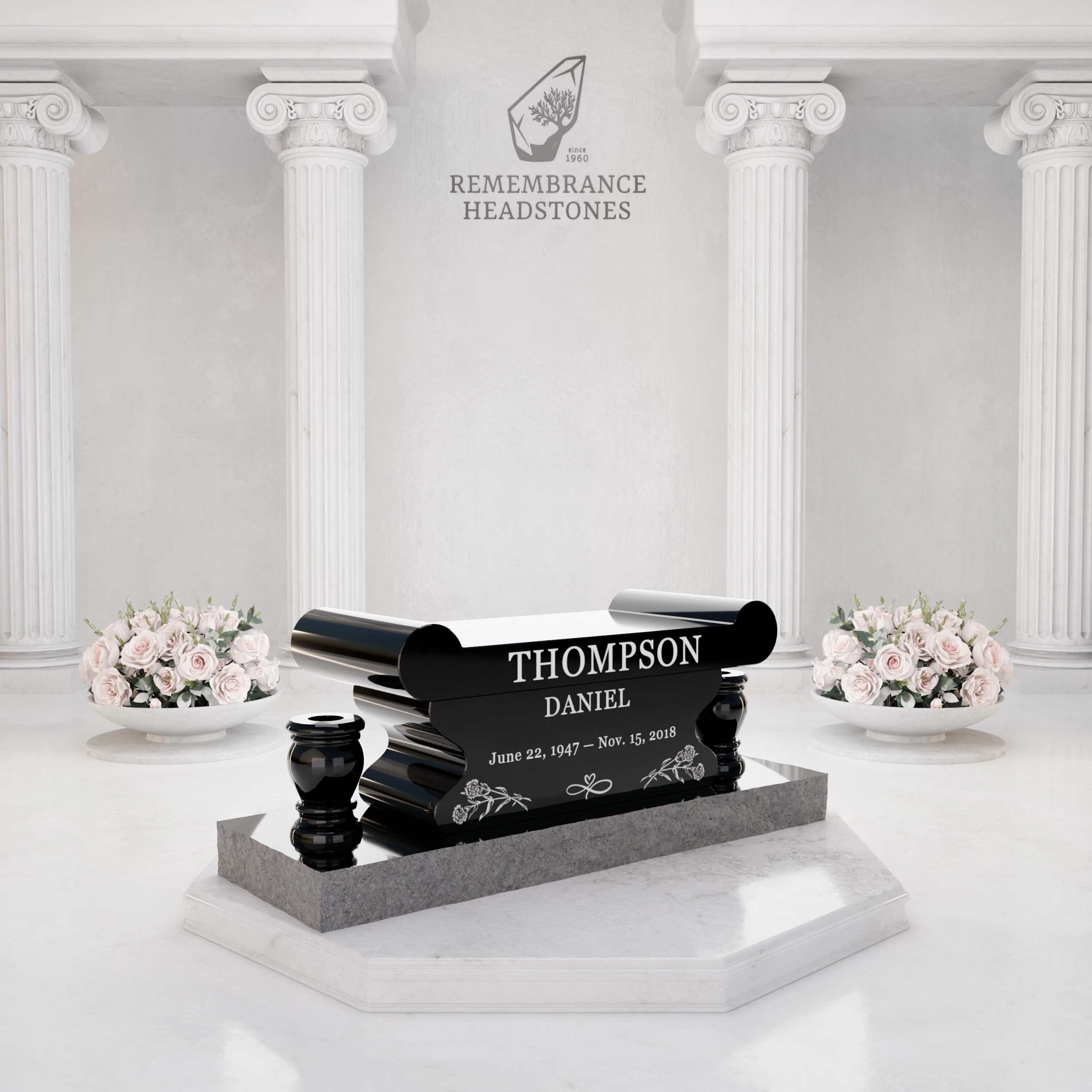 Luxury Jewish Granite Memorial Bench with Rolled Seat & Twin Vases view 2