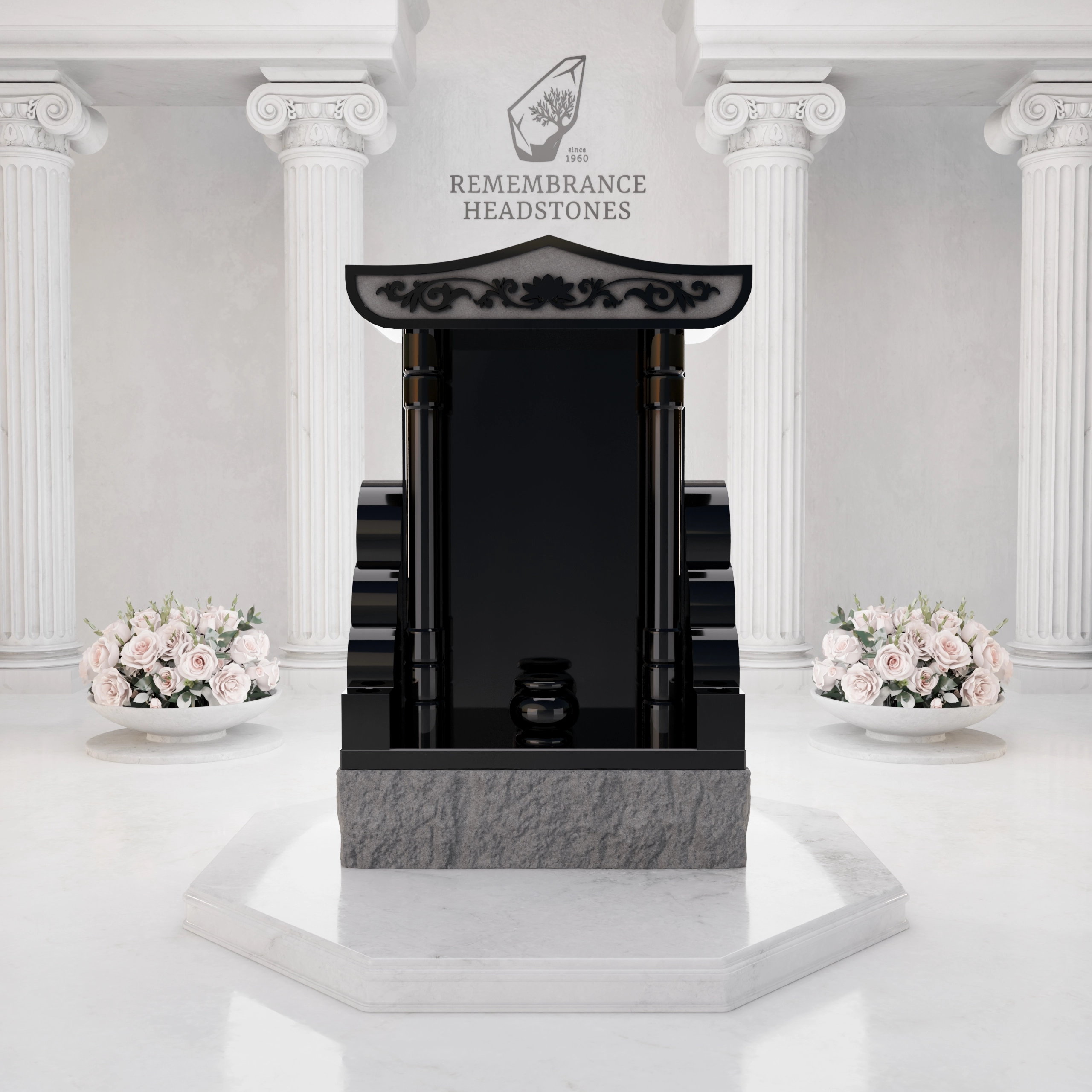 Lux Pagoda-Top Upright Granite Headstone with Columns & Shrine Niche view 3