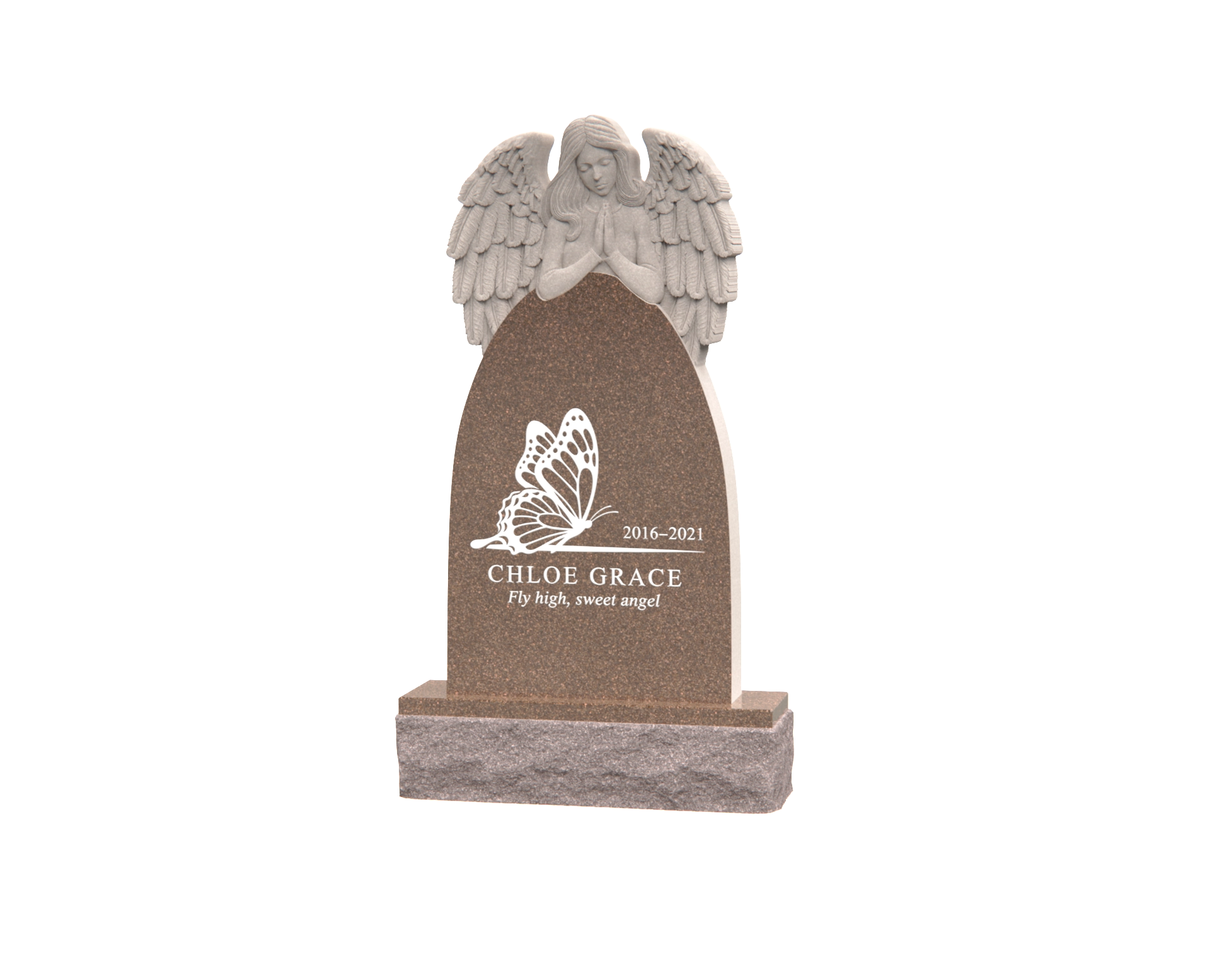 Luxury Upright Granite Headstone — Arched Tablet with Angel & Butterfly