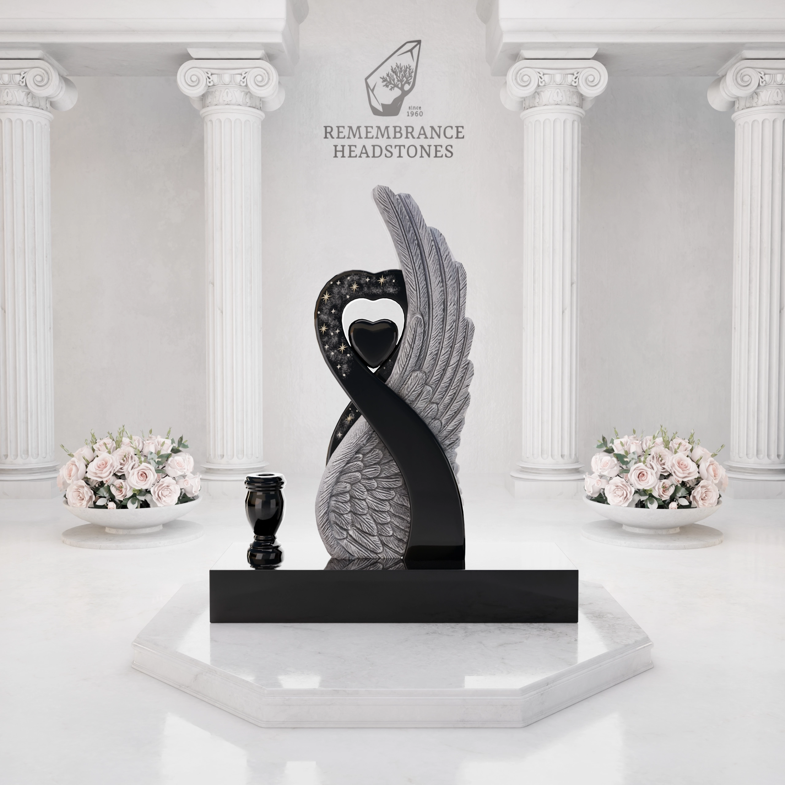Luxury Special-Shape Granite Headstone — Angel Wing & Heart with Crystal Accents view 3
