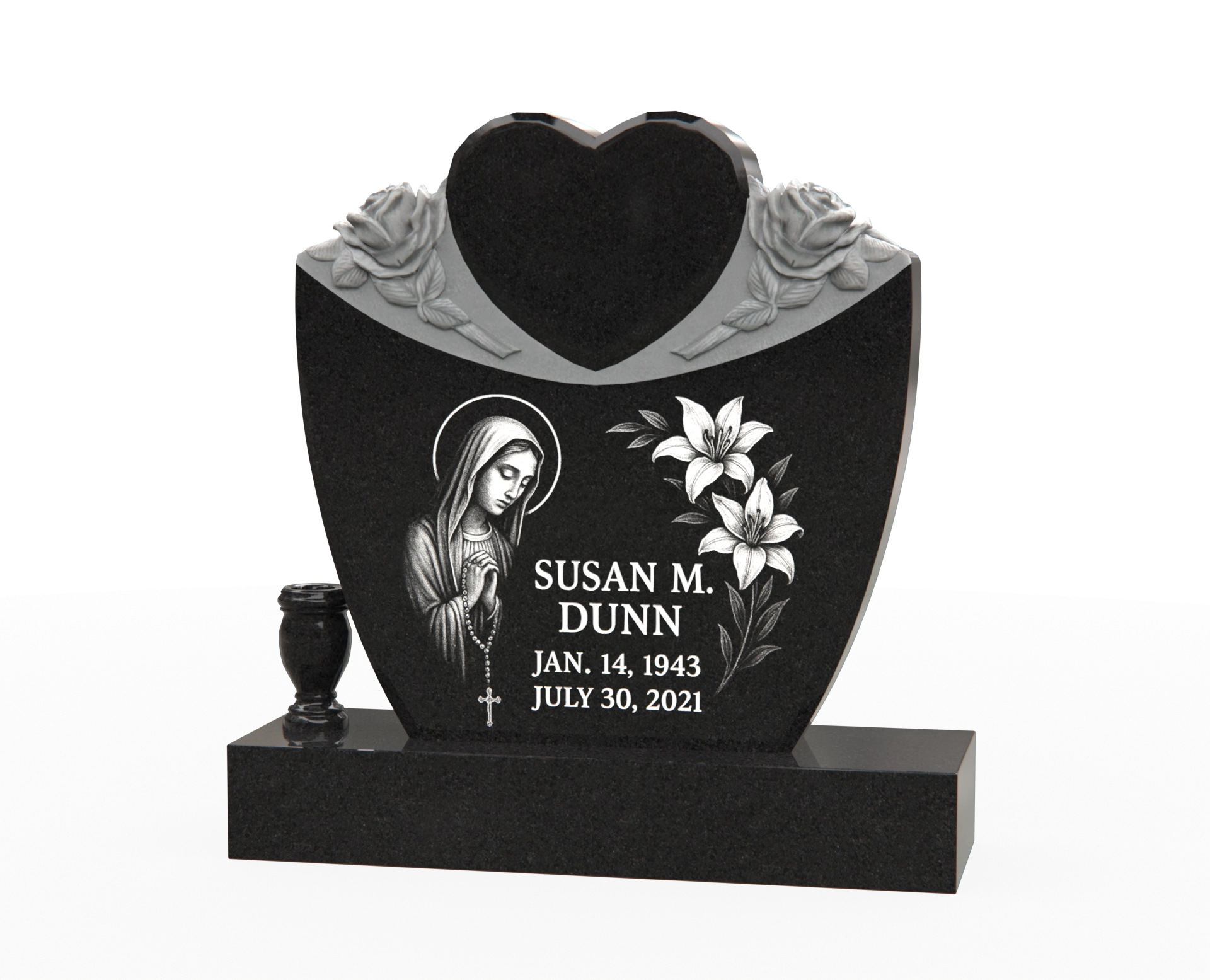 Premium Special-Shape Granite Headstone — Heart Crown, Madonna & Lilies
