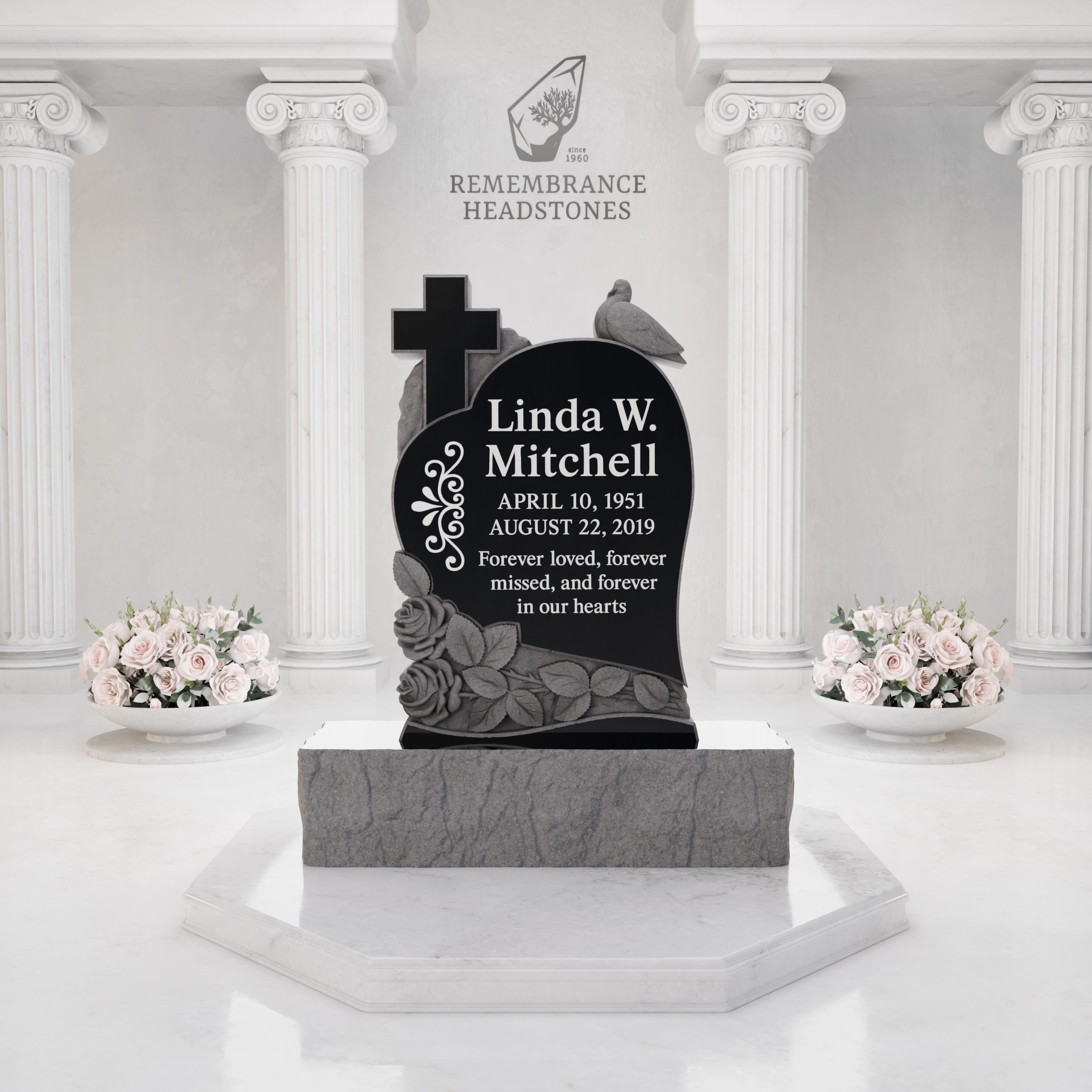 Premium Special-Shape Granite Headstone — Heart Silhouette with Cross, Dove & Roses