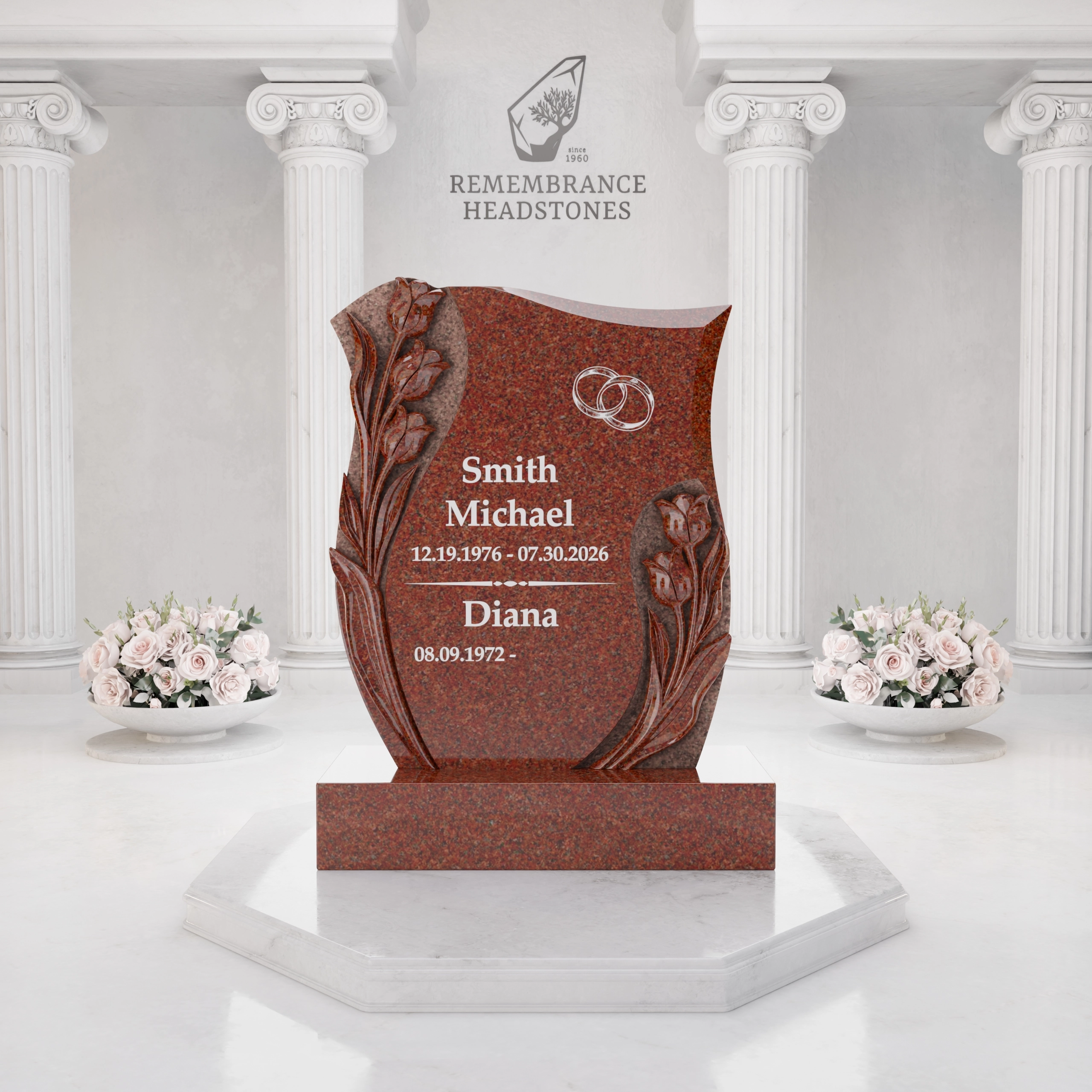 Luxury Companion Rose Carved Granite Headstone with Wedding Rings