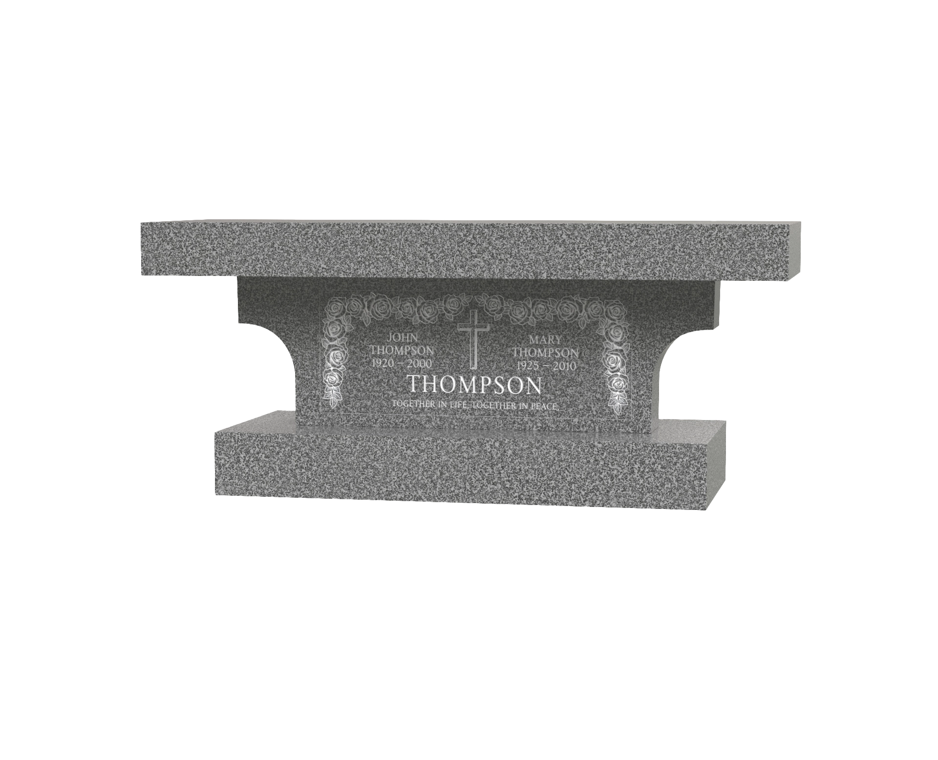 Luxury Companion Granite Memorial Bench with Sculpted Pedestal & Cross Motif